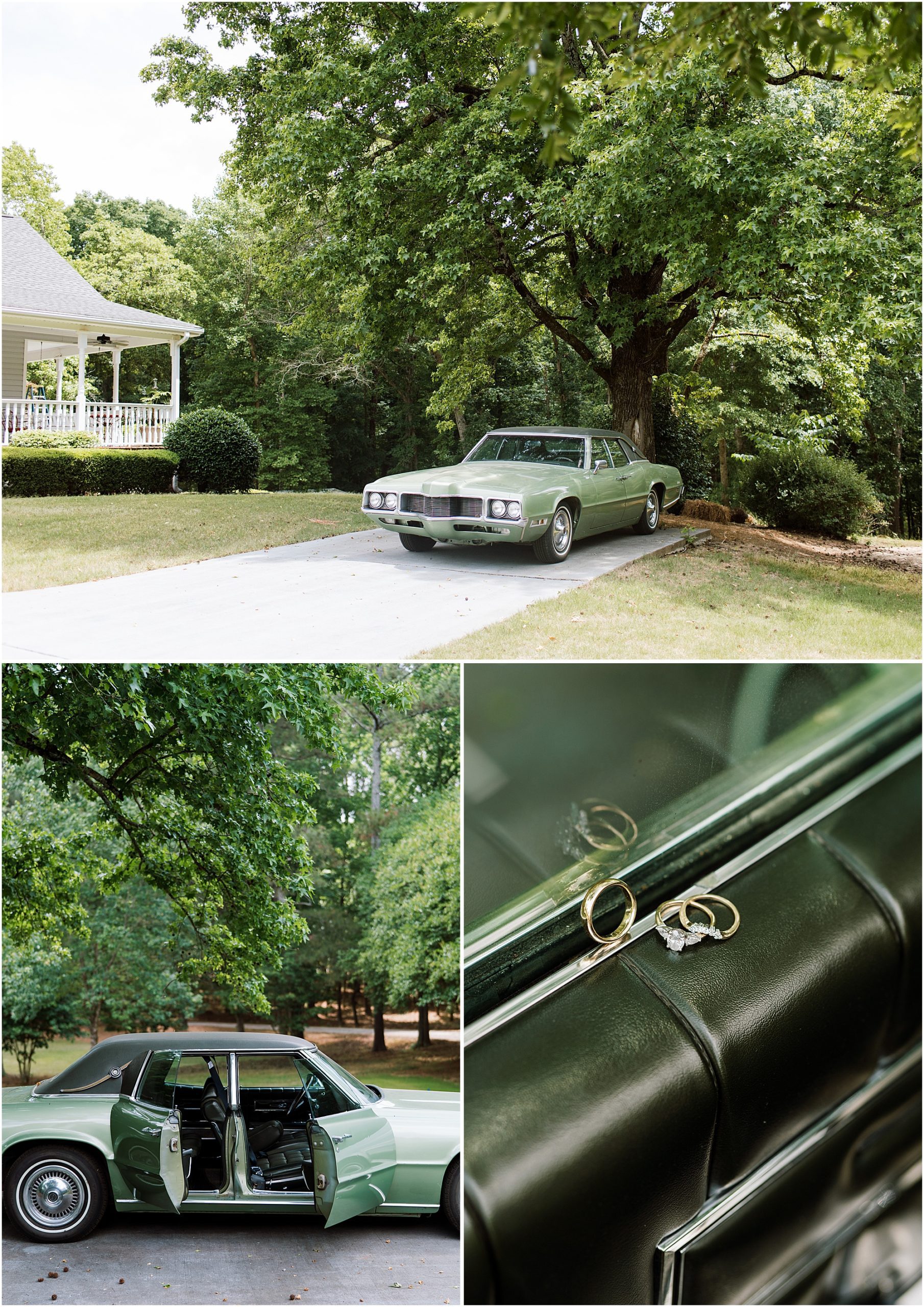 Green vintage getaway car in the driveway with the wedding rings sitting on the window