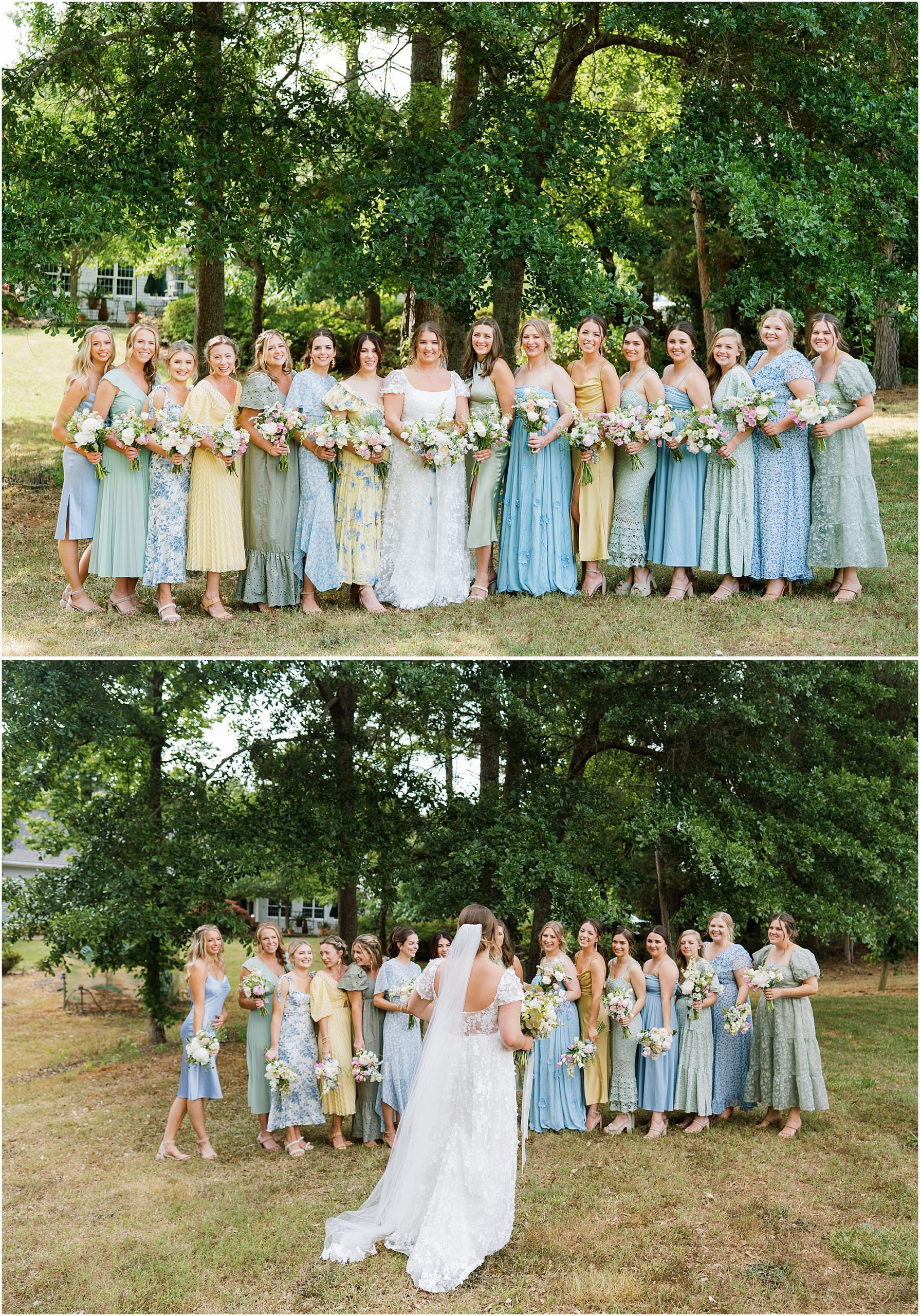 Bride with bridesmaids. Bridesmaids in different floral dresses.