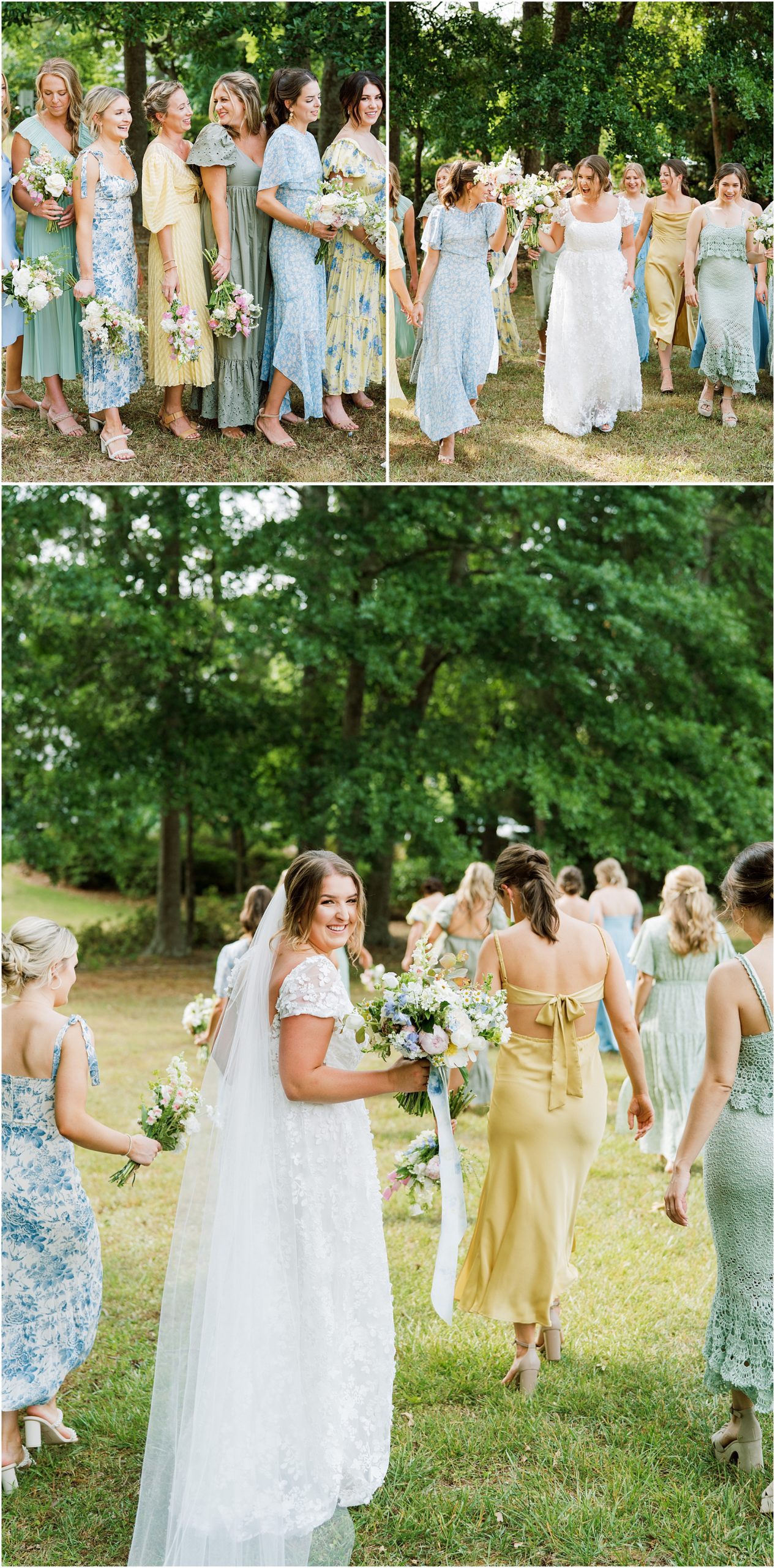 Bridesmaids in different floral dresses. Bridesmaids in a green and blue color palette.