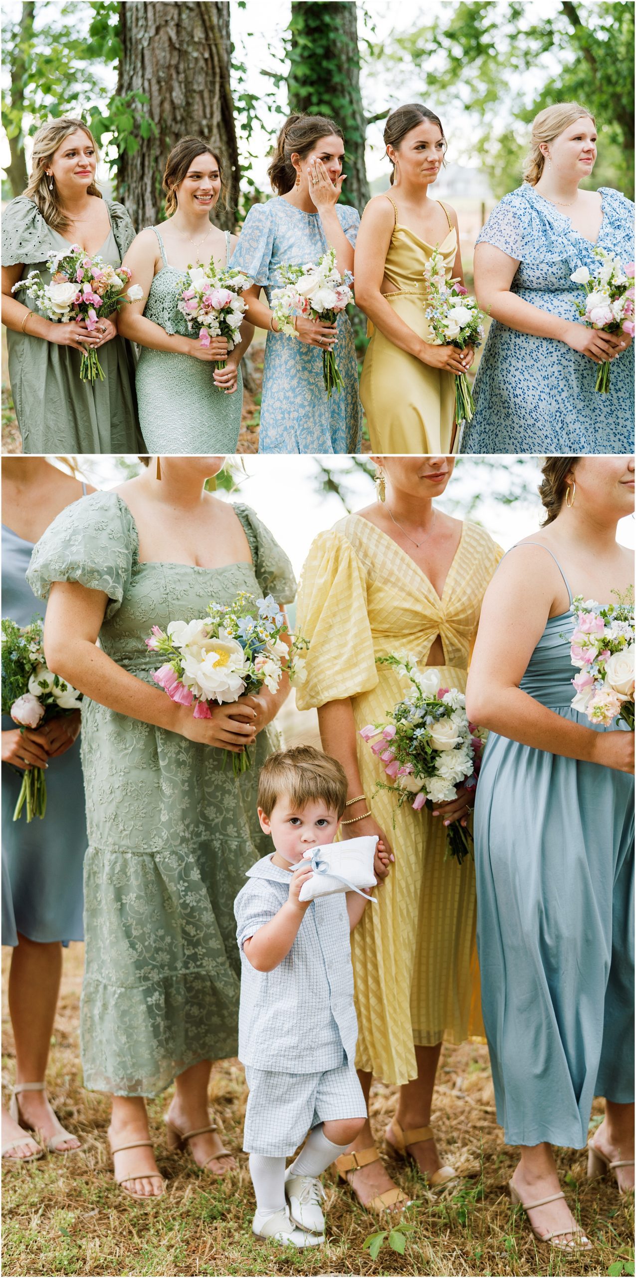 Bridesmaids in blue, green, and floral patterns with ring bearer.