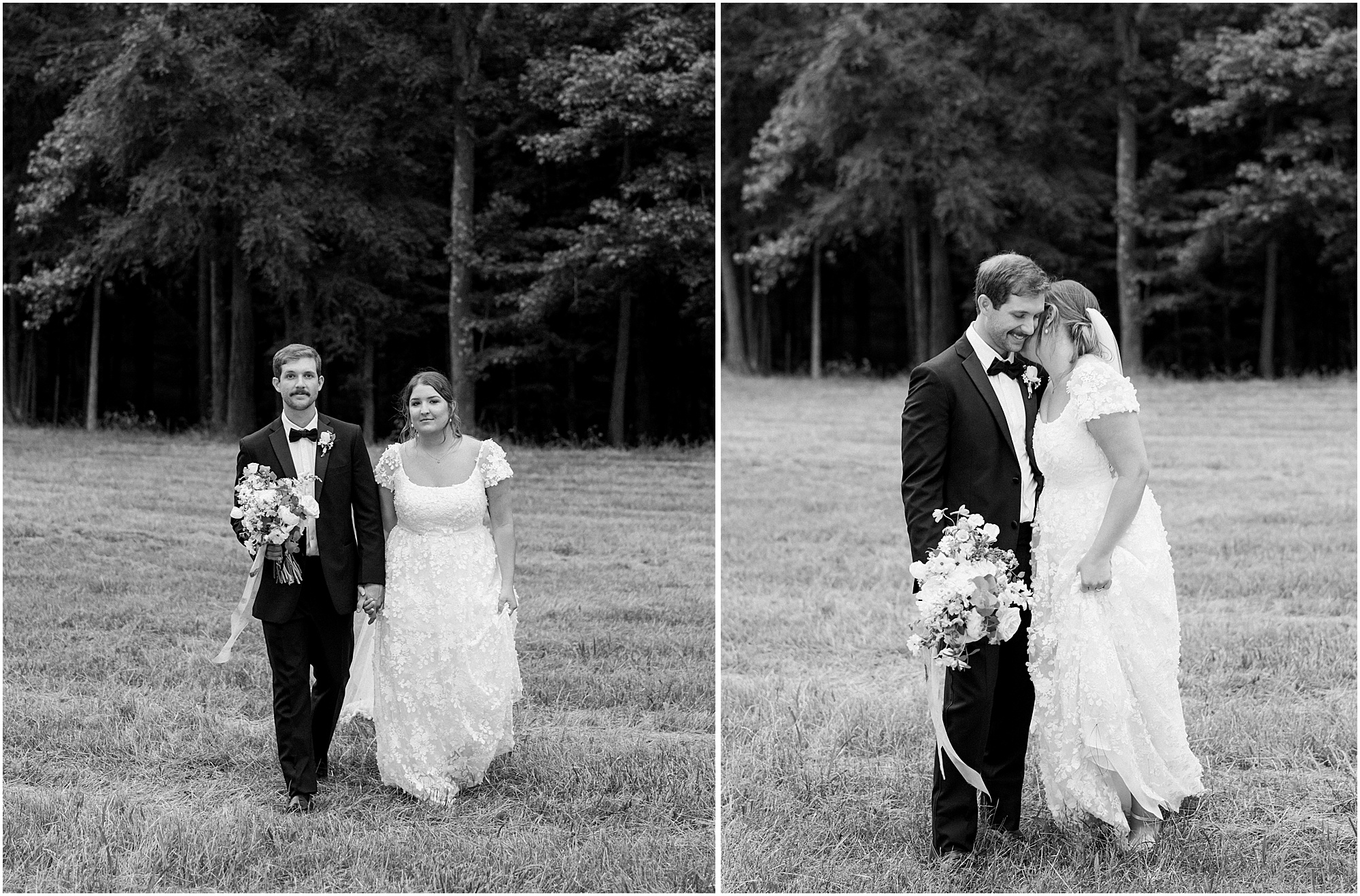 Bride and groom portraits in black and white walking together.