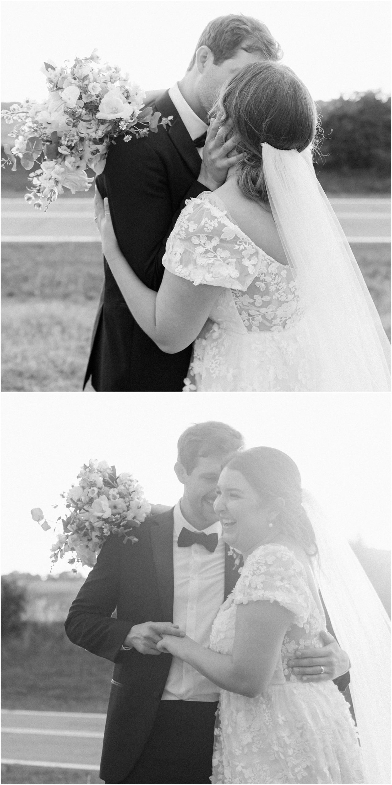 Bride and groom portraits in black and white. Bride and groom kissing and laughing together.