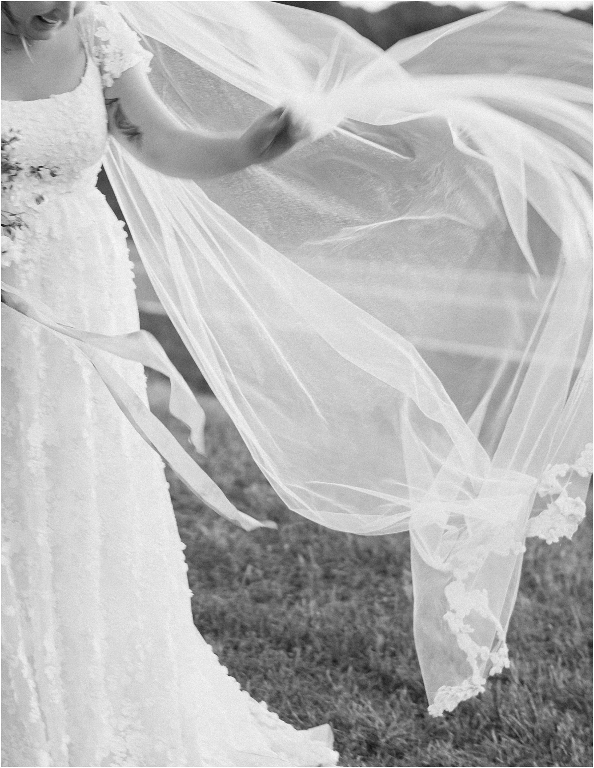 Black and white frame of brides veil