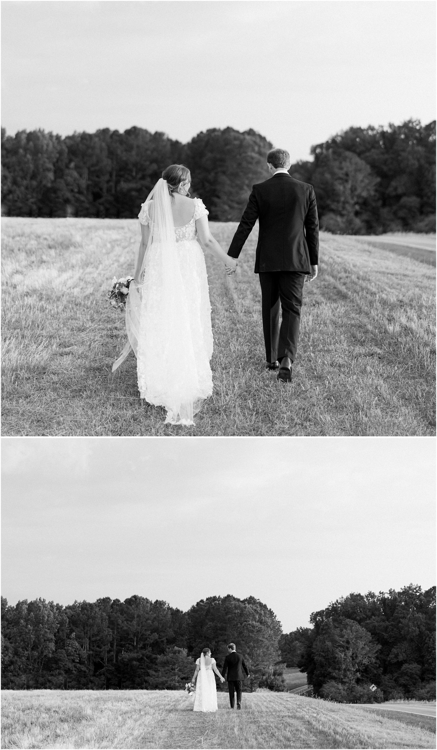 Bride and groom portraits in black and white. Bride and groom walking away.