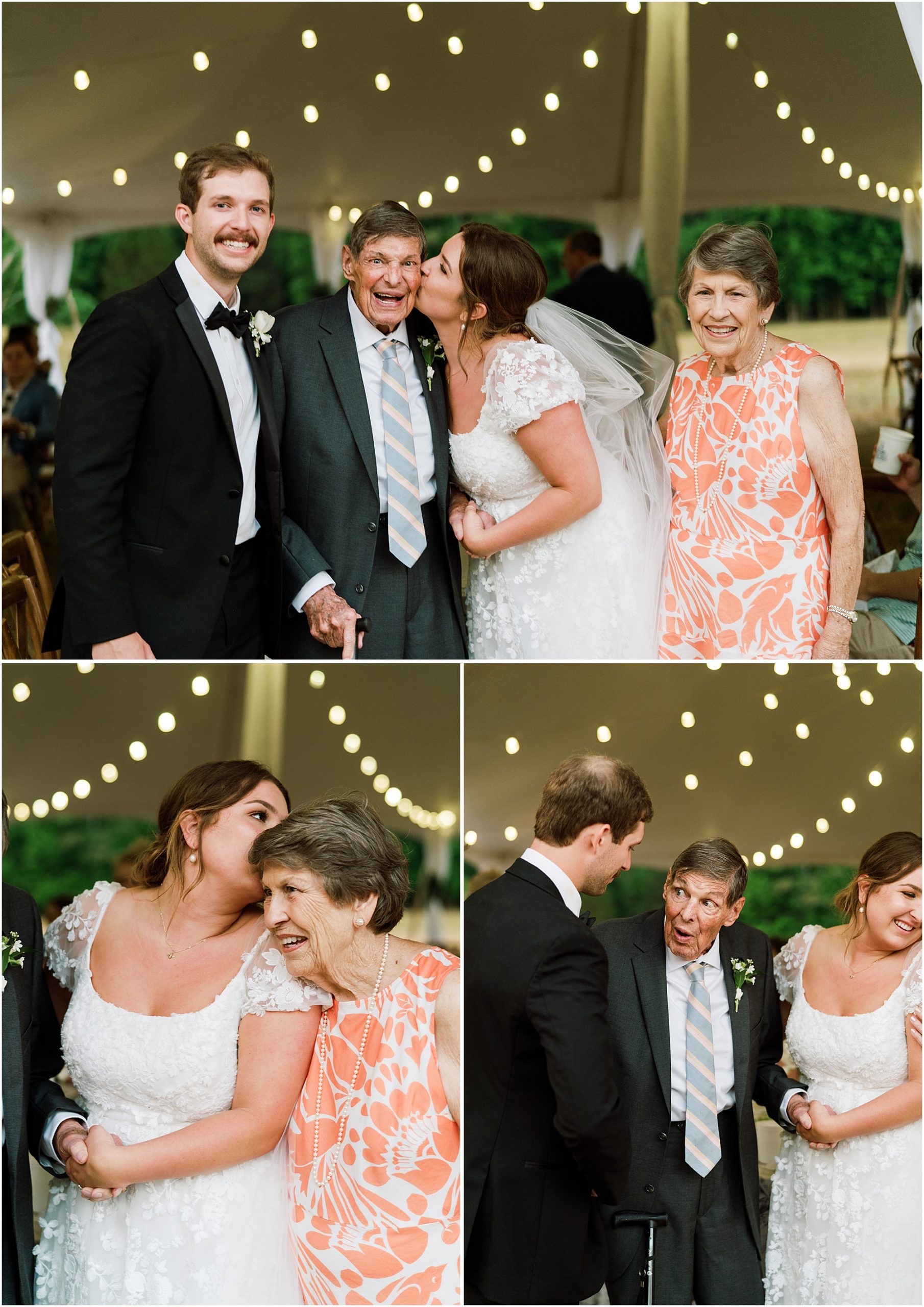 Bride and groom with brides grandparents. Candid family moments with brides family.