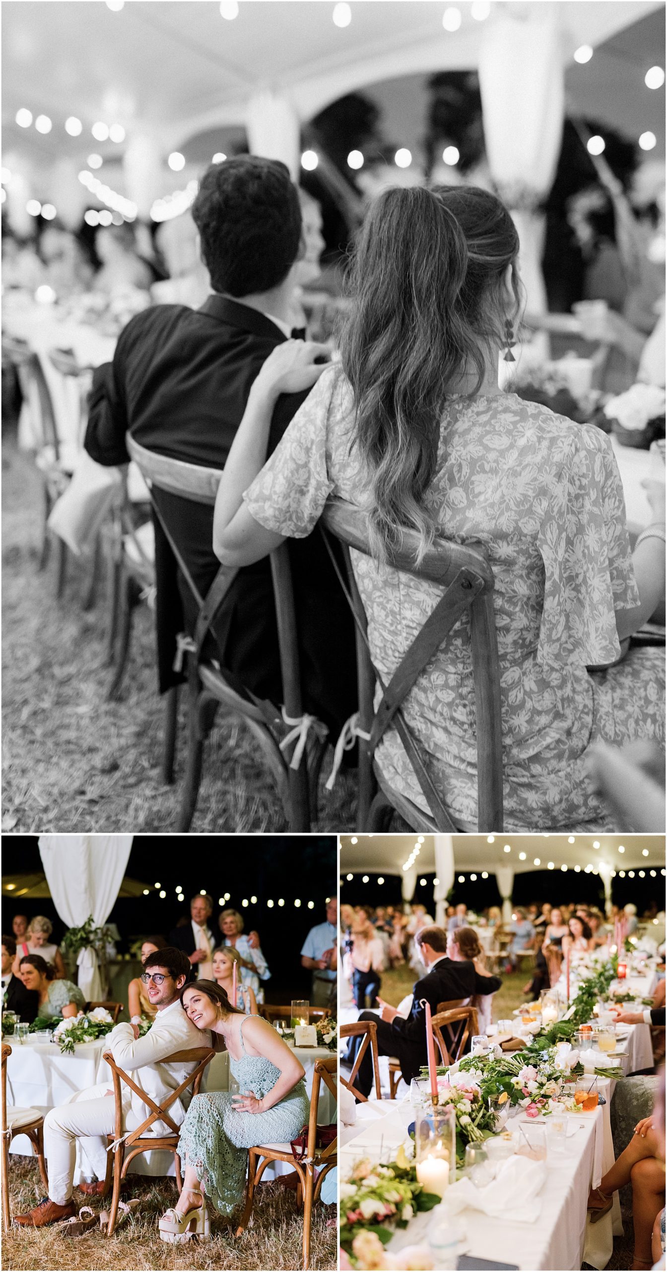 Candid wedding reception moments under a white tent.