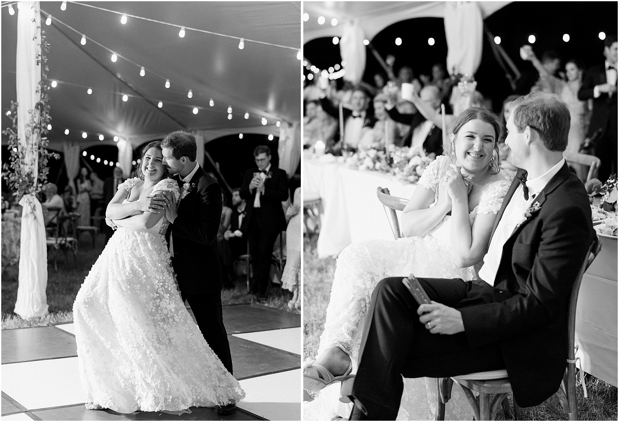 Candid wedding reception moments under a white tent. Bride and groom share their first dance.