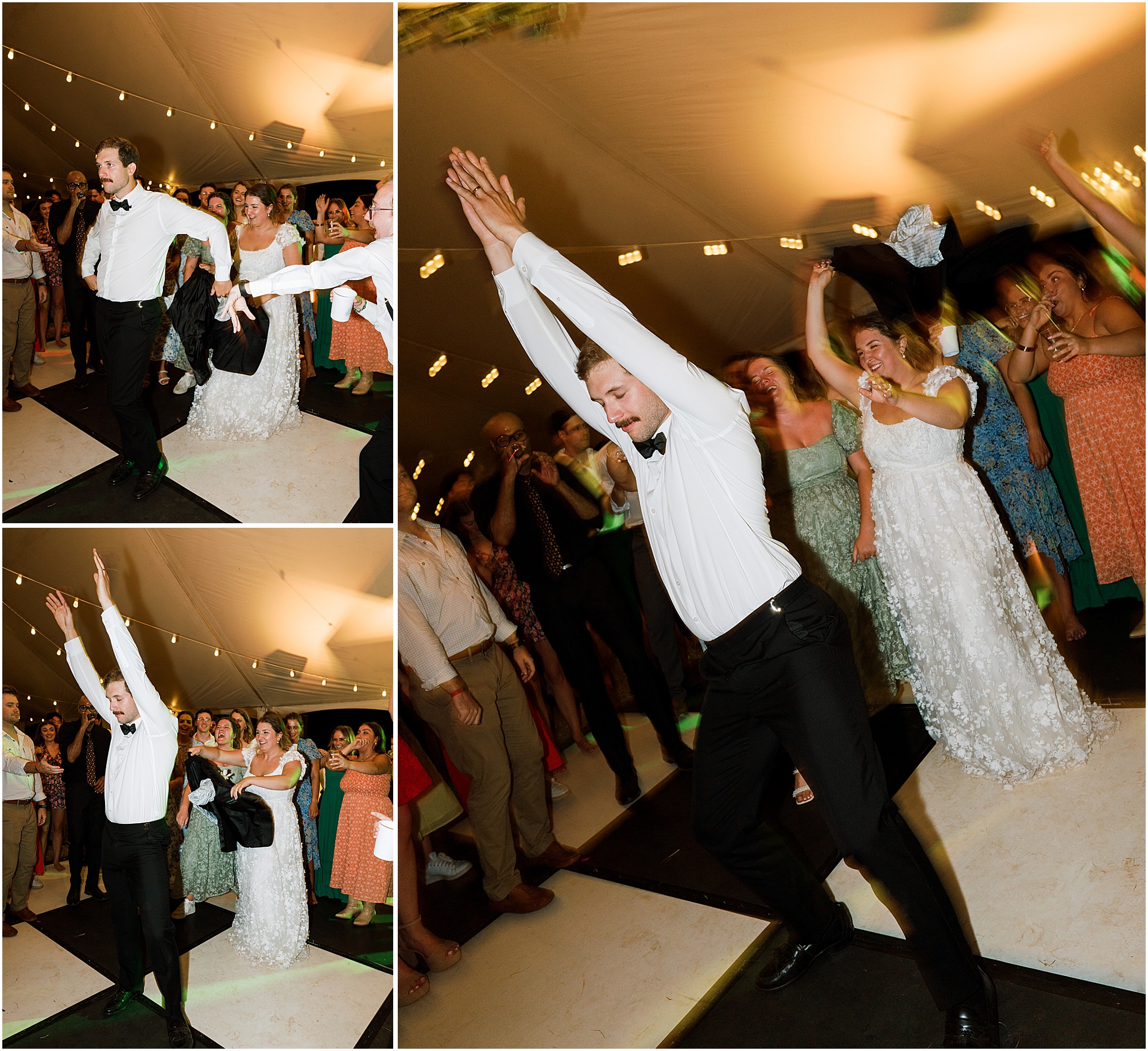 Wedding reception with a wild dance party. Bride and groom dancing at their wedding reception.