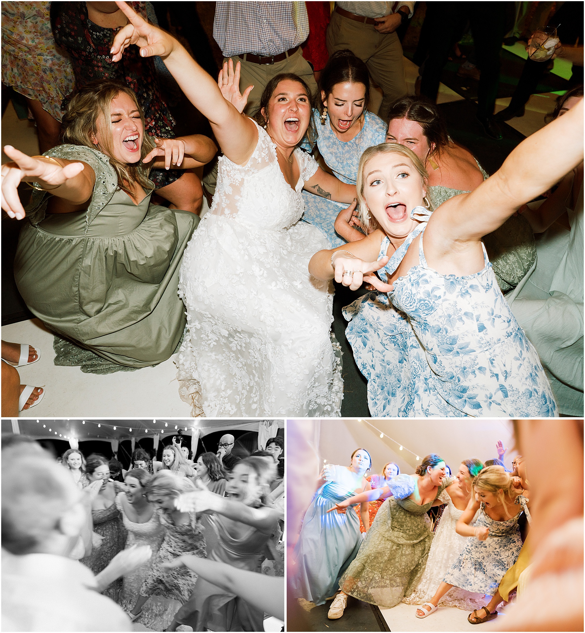 Wedding reception with a wild dance party. Bridesmaids and bride dancing at wedding reception.