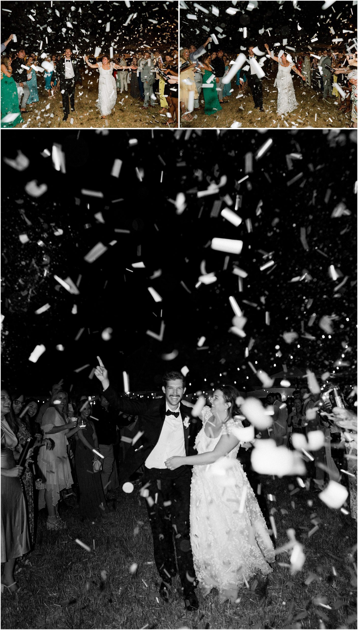 Bride and groom confetti exit.