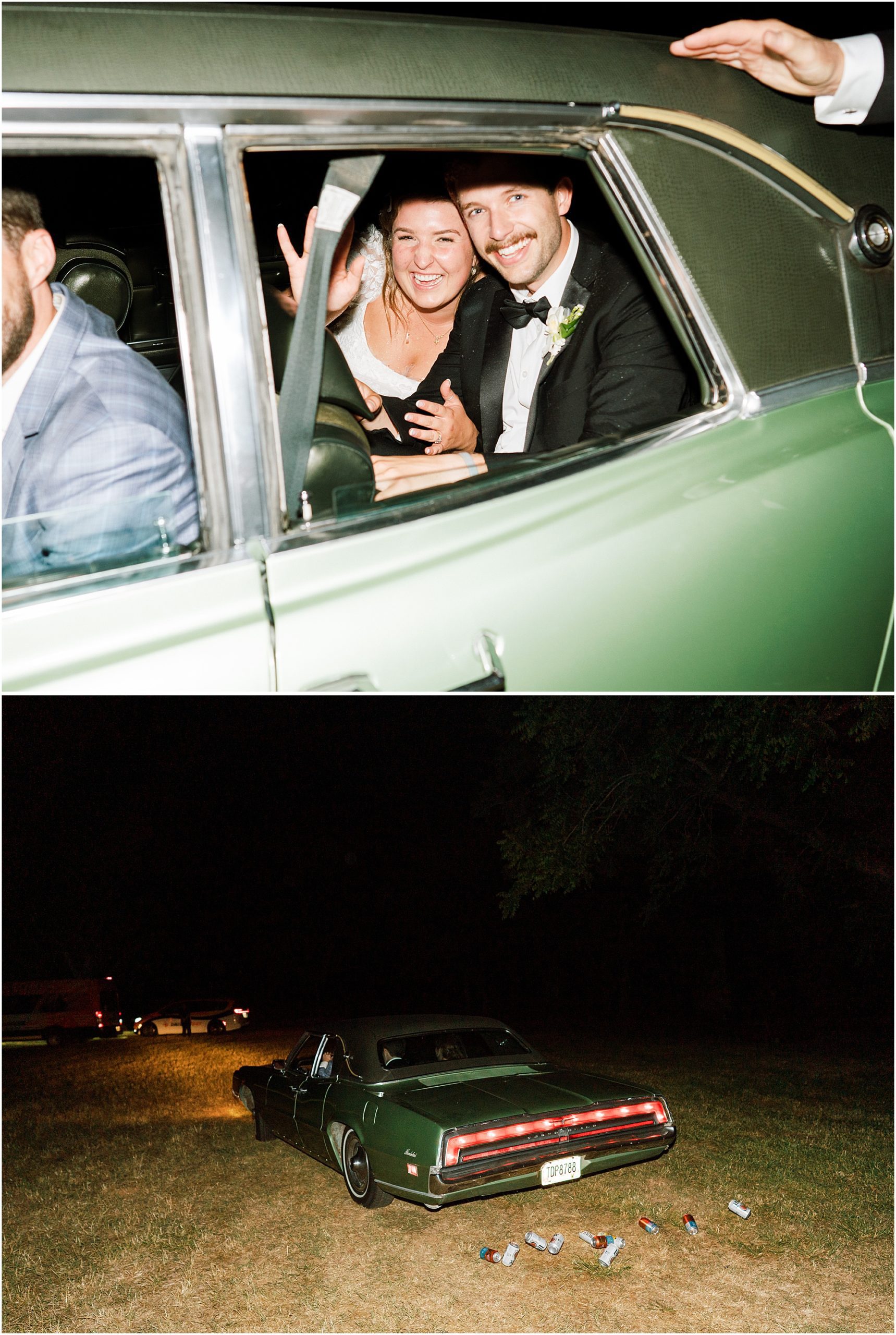Bride and groom exit in vintage green getaway car with cans tied to the back.