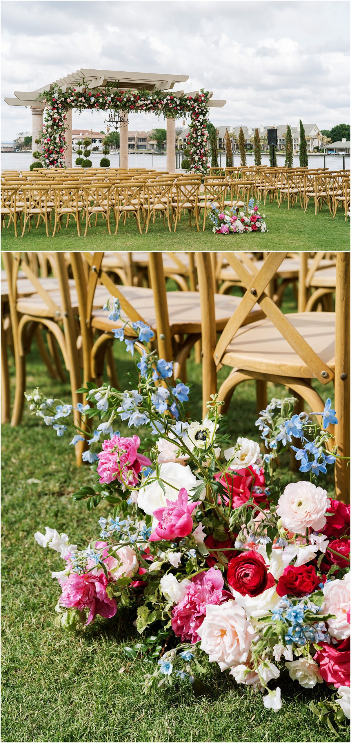 Stems of ATX floral designers scattered colorful florals all around the ceremony site overlooking the lake.