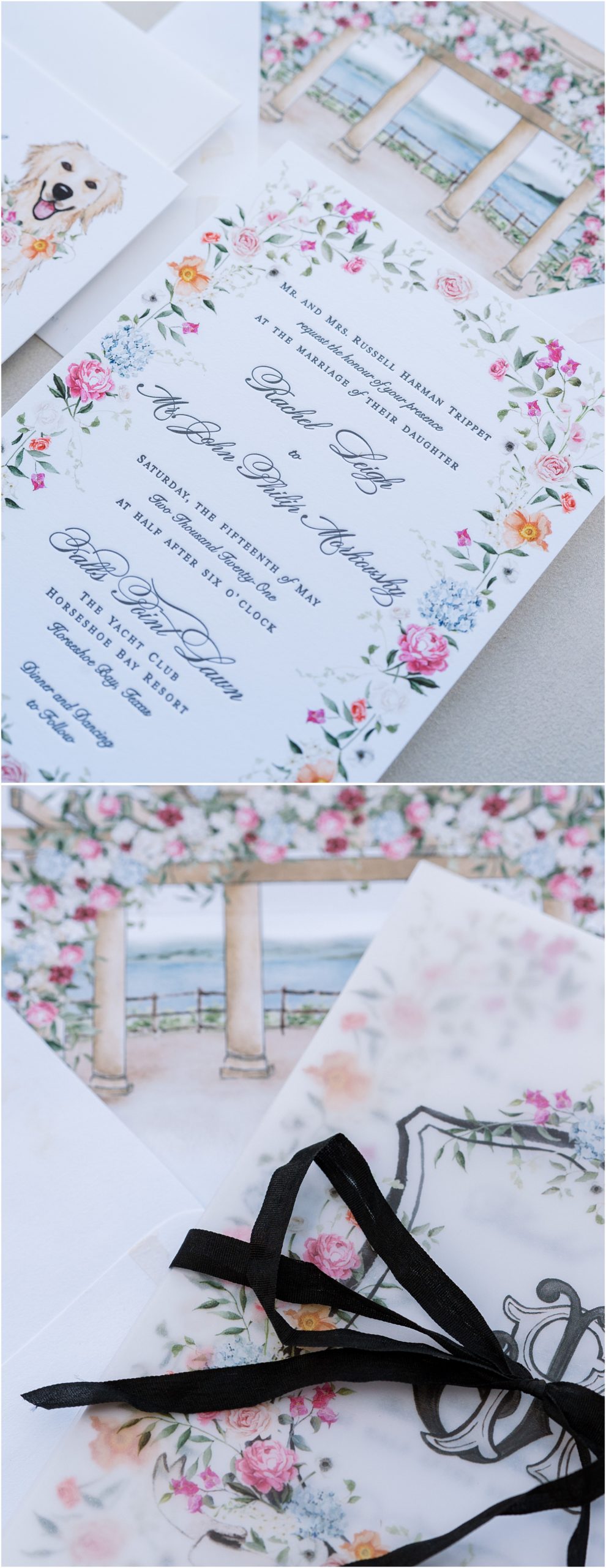 wedding invitations with color flowers and a black bow.