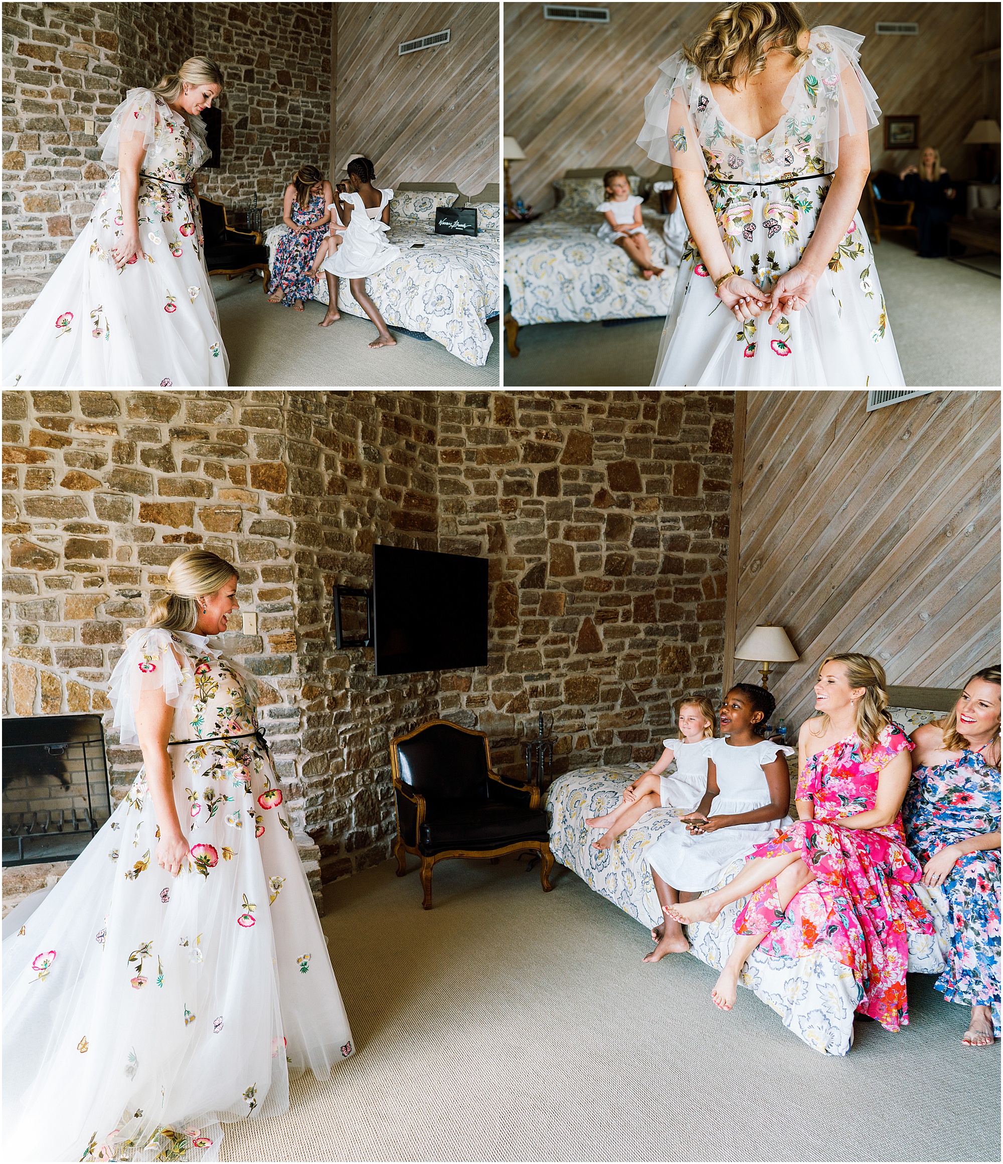 Bride in Monique Lhuillier as her family looks at her