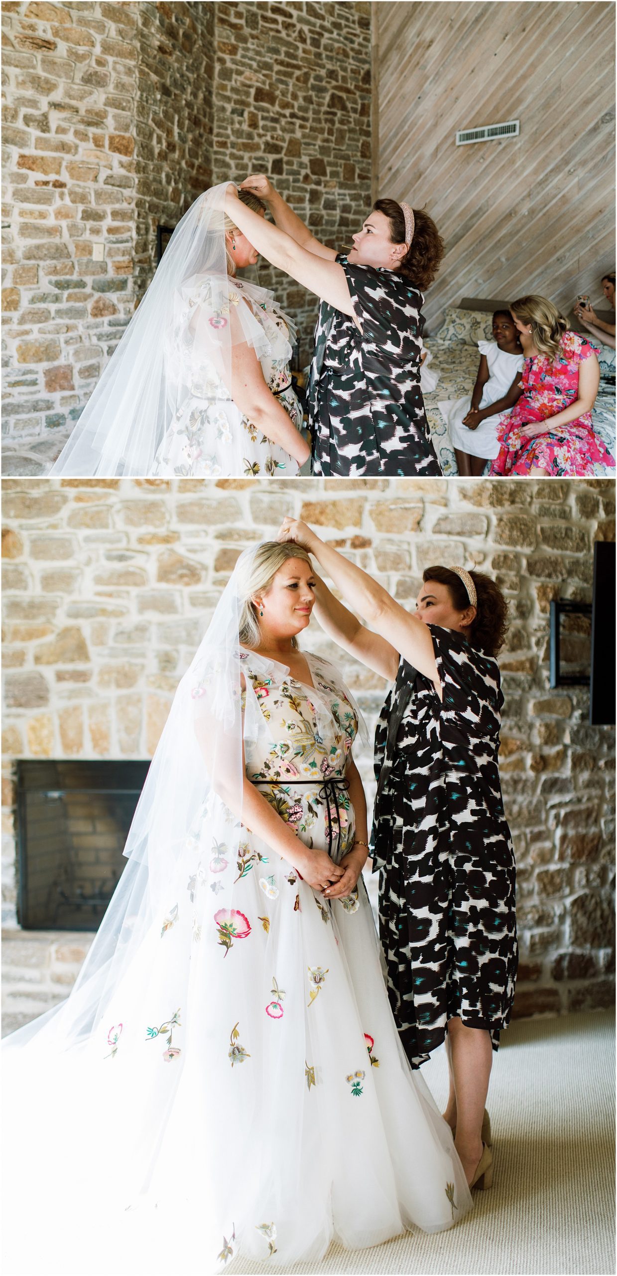 Owner of Warren Barron Bridal shop in Dallas, Texas helps bride into her Monique Lhuillier veil