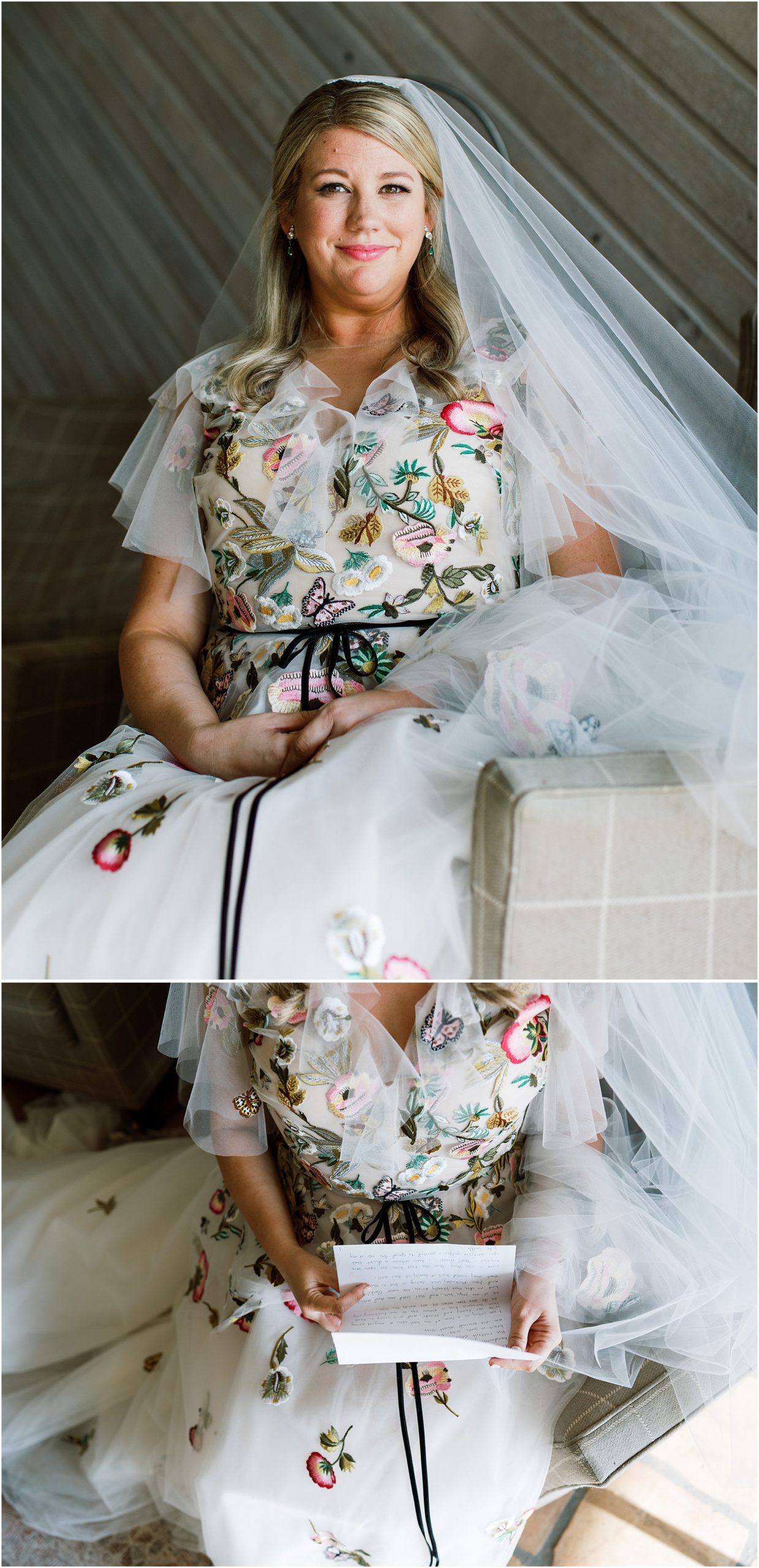 Bride wearing Monique Lhuillier and reading a letter from her groom before the wedding ceremony