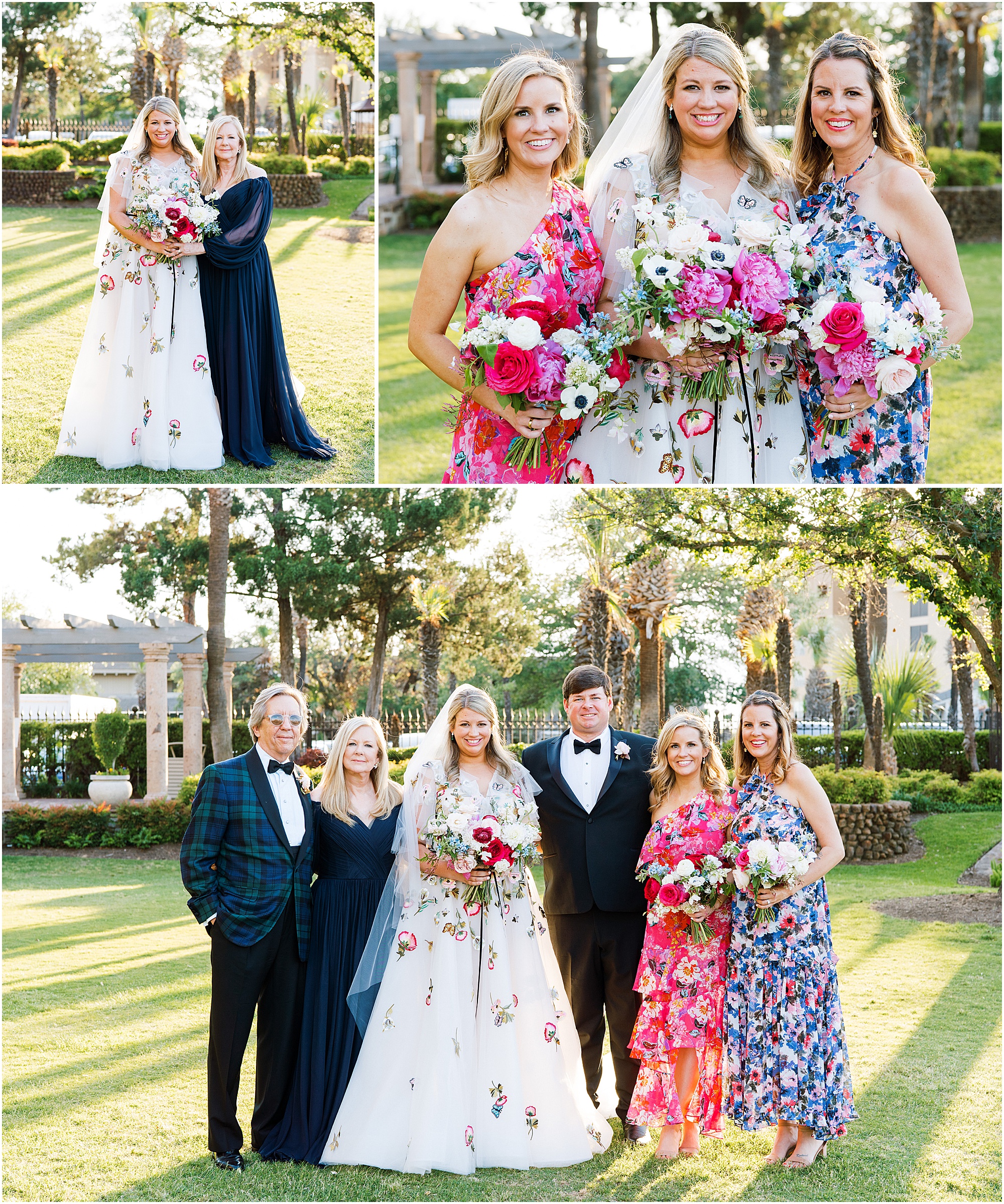 Bride in Monique Lhuillier with groom wearing a black tux with brides family in colorful floral dresses
