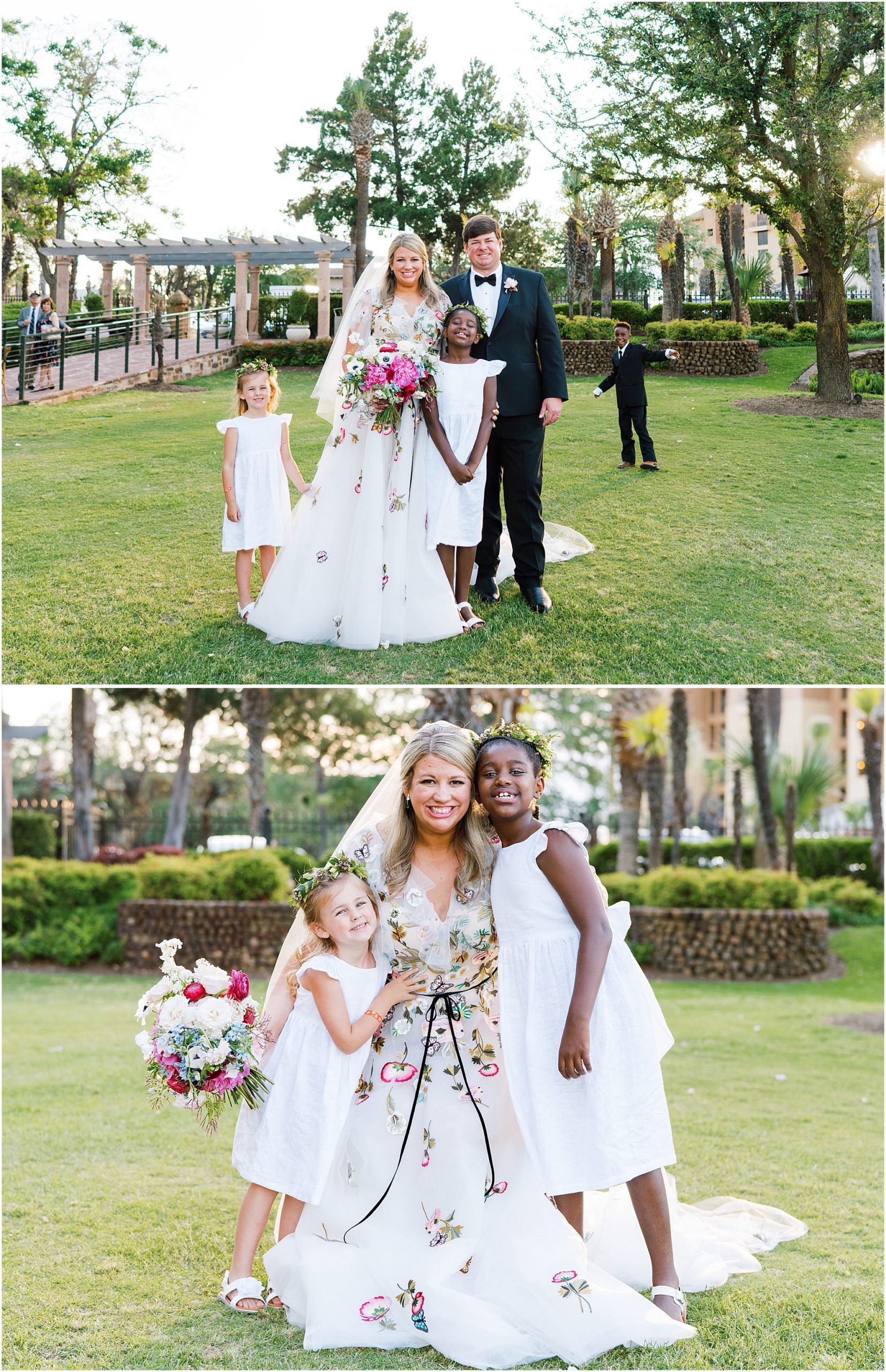 Bride in Monique Lhuillier with groom wearing a black tux with flower girls and ring bearer