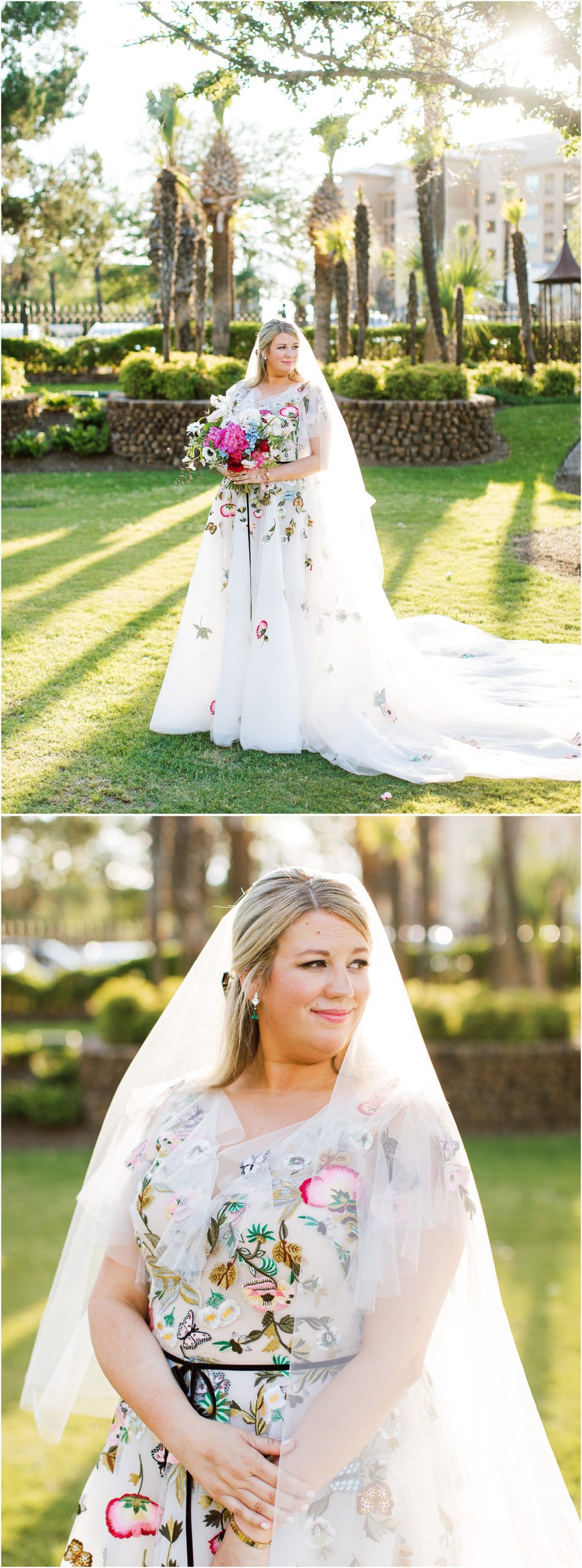 Bride in Monique Lhuillier with colorful flowers and butterfllies