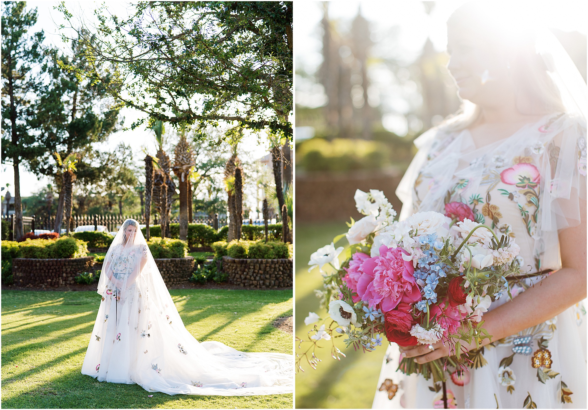 Bride in Monique Lhuillier with colorful flowers and butterfllies in the sunshine.