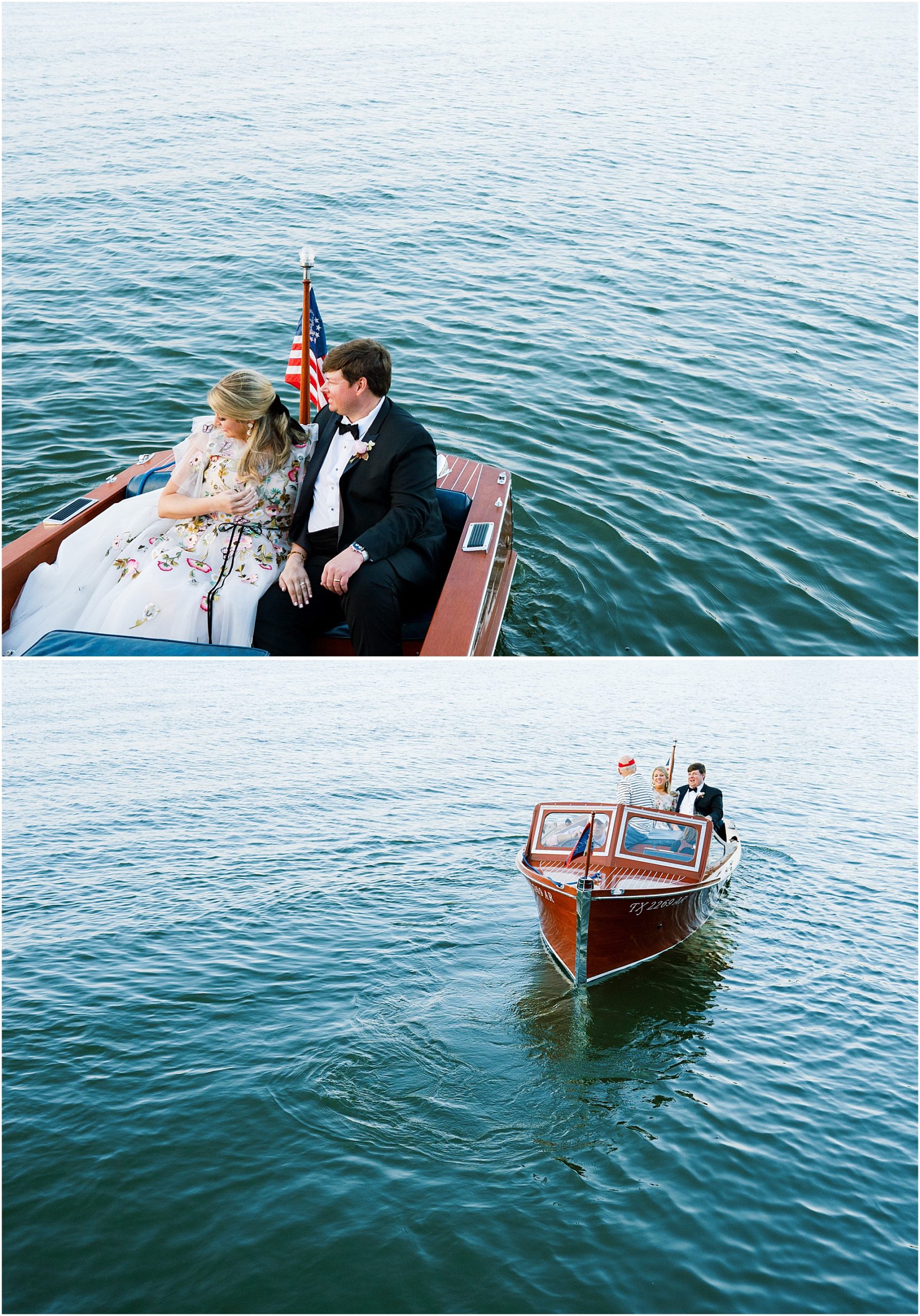 Bride in Monique Lhuillier with groom wearing a black tux on the lake riding a boat to their wedding reception at Horse Shoe Bay Resort