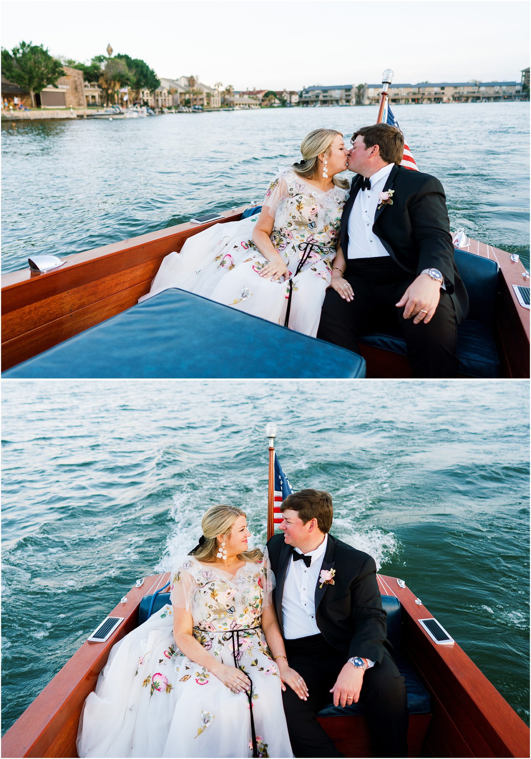 Bride and groom riding a boat to their wedding reception in black and white. Bride in Monique Lhuillier bridal gown with butterflies anf flowers with groom wearing a black tux.