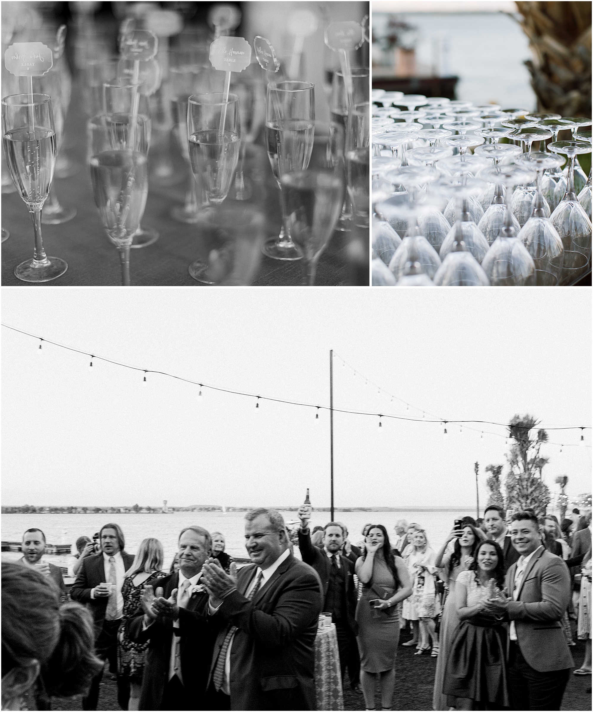 Black and white details from a horse shoe bay resort wedding reception