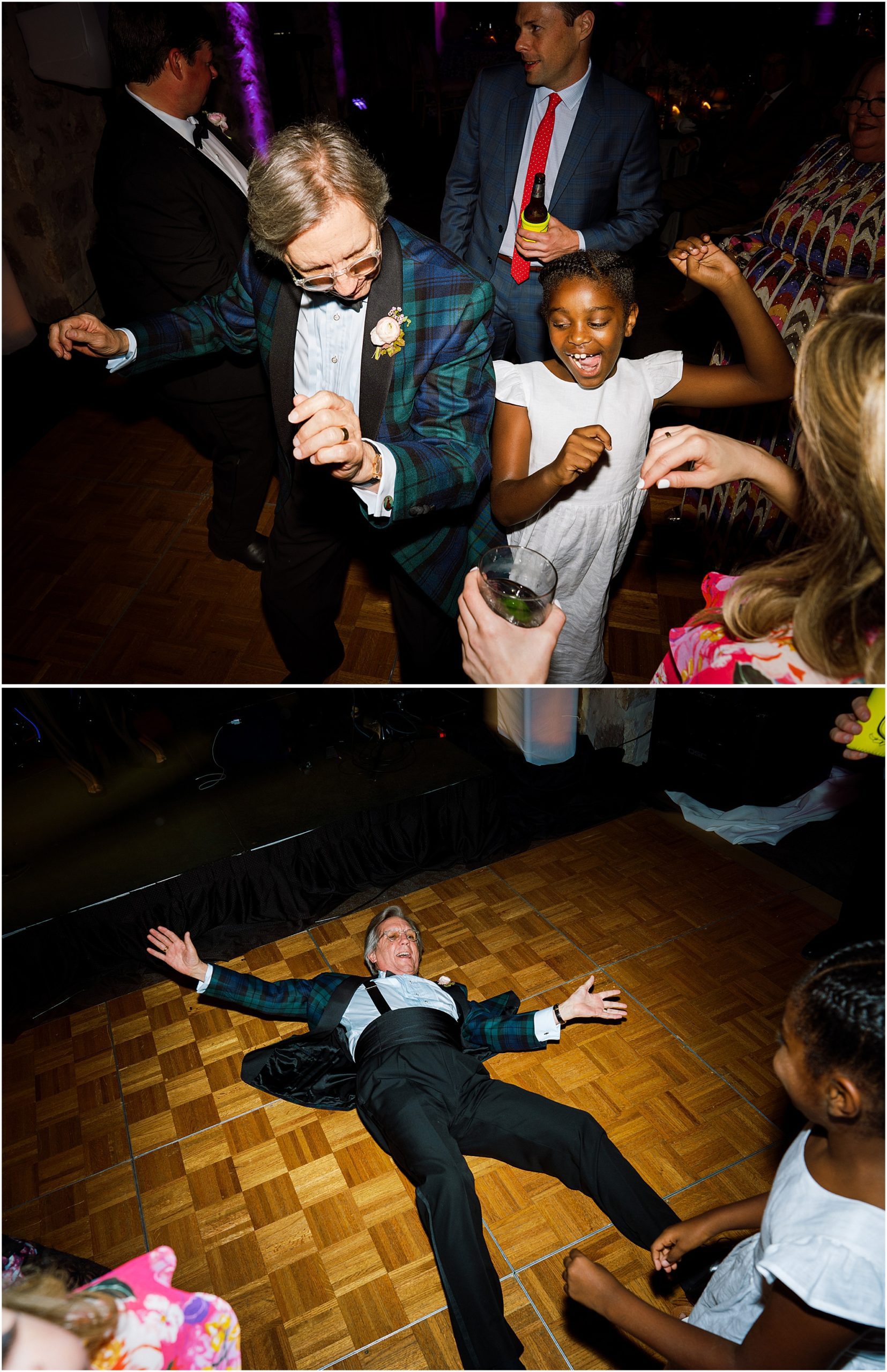 Father of the bride dancing on the floor at wedding reception 