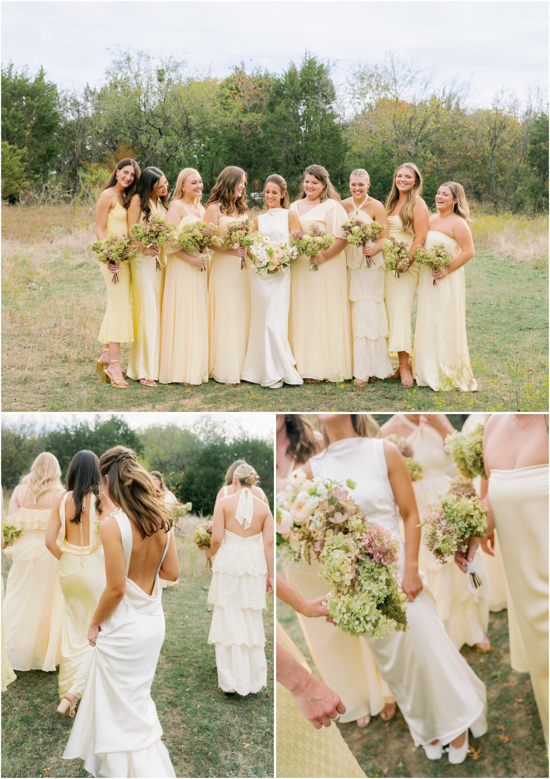 bride in danielle frankel dress and bridesmaids in yellow bridesmaids smiling at camera from an elevated backyard wedding in fort worth, Texas
