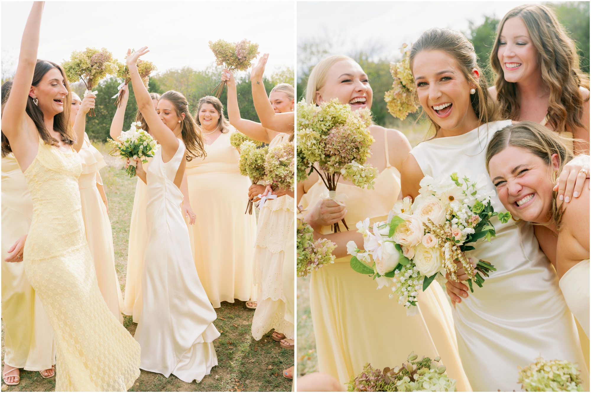 bridesmaids in yellow dresses cheering on the bride with hydrangeas in hand from an elevated backyard wedding in fort worth, Texas
