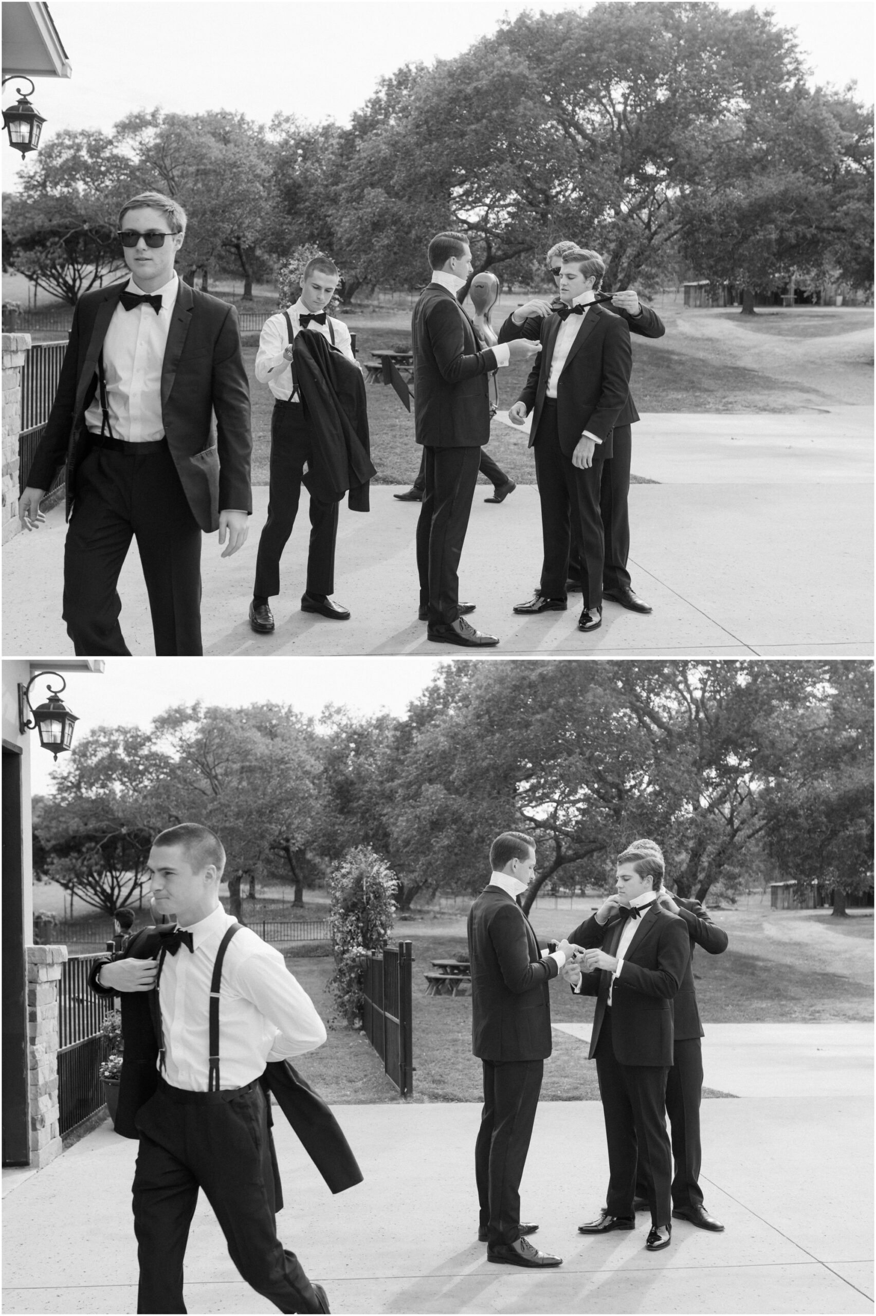 black and white portrait on groomsmen getting ready from an elevated backyard wedding in fort worth, Texas
