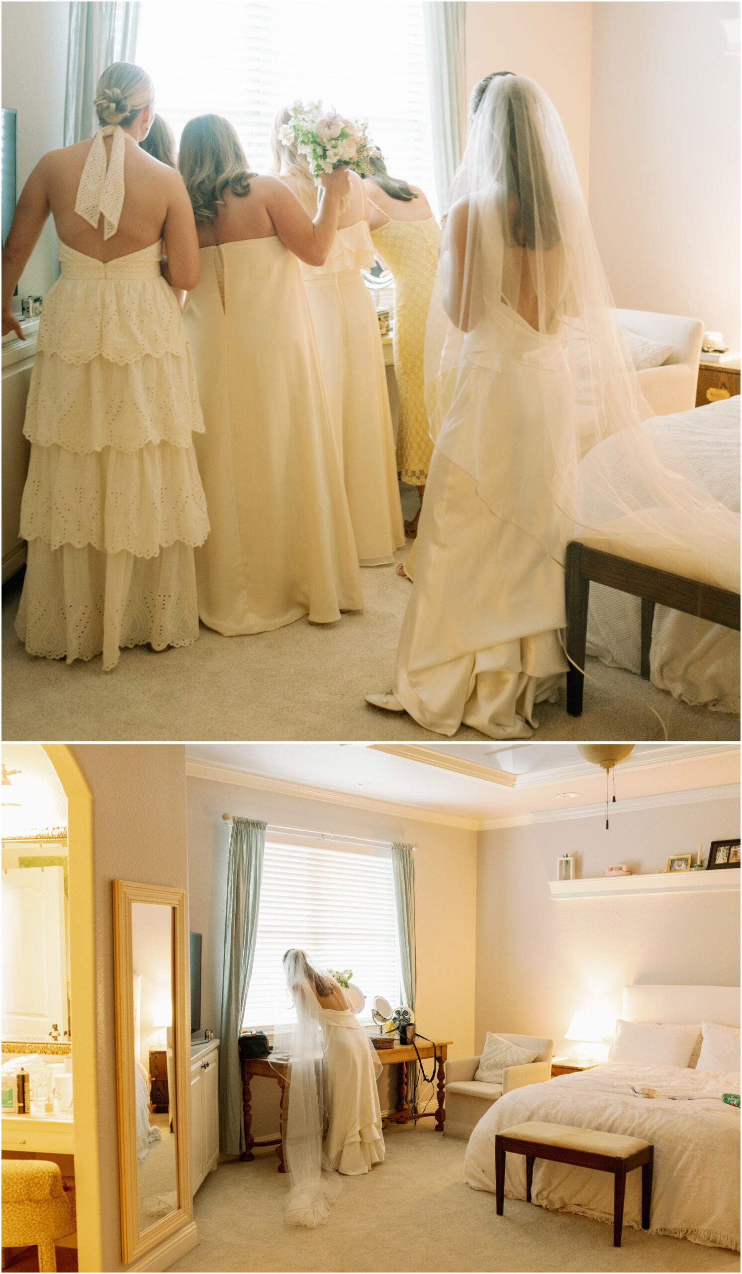 bride and bridesmaids in childhood bedroom on wedding day in yellow dresses from an elevated backyard wedding in fort worth, Texas