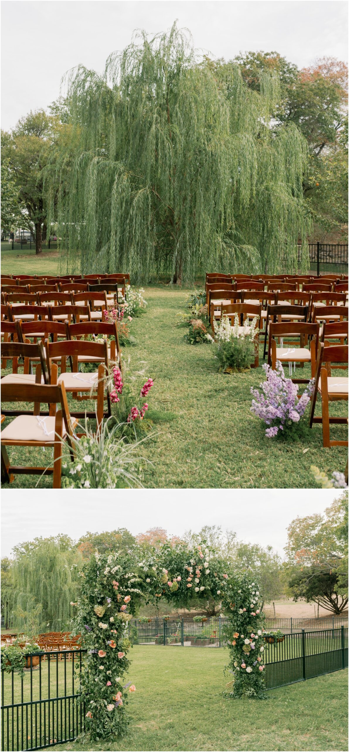 ceremony colorful florals and willow tree at alter from an elevated backyard wedding in fort worth, Texas