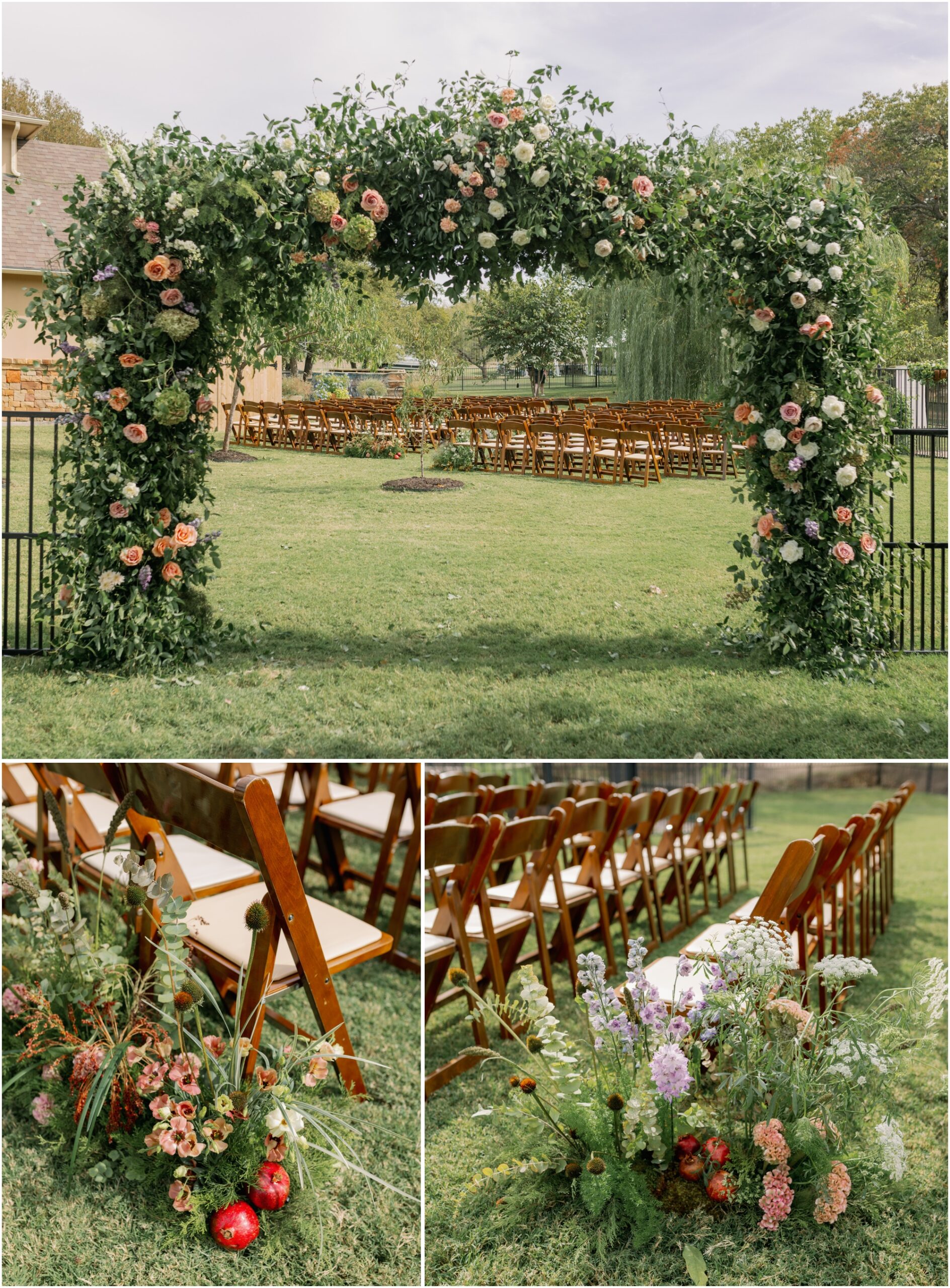 wedding ceremony with a big green arch and colorful florals from an elevated backyard wedding in fort worth, Texas