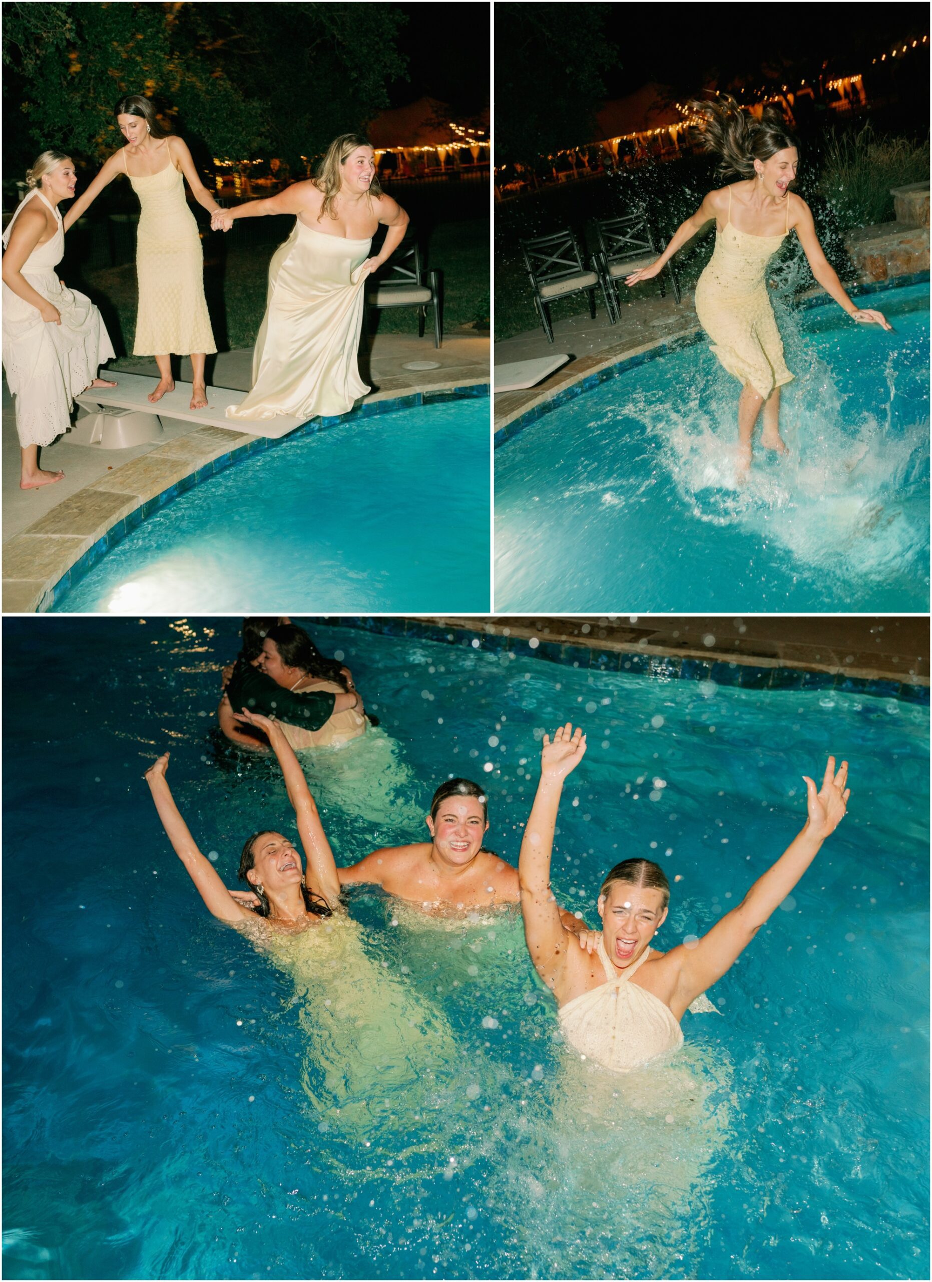 jumping in the pool after a wedding day bride and groom firework exit from an elevated backyard wedding in fort worth, Texas