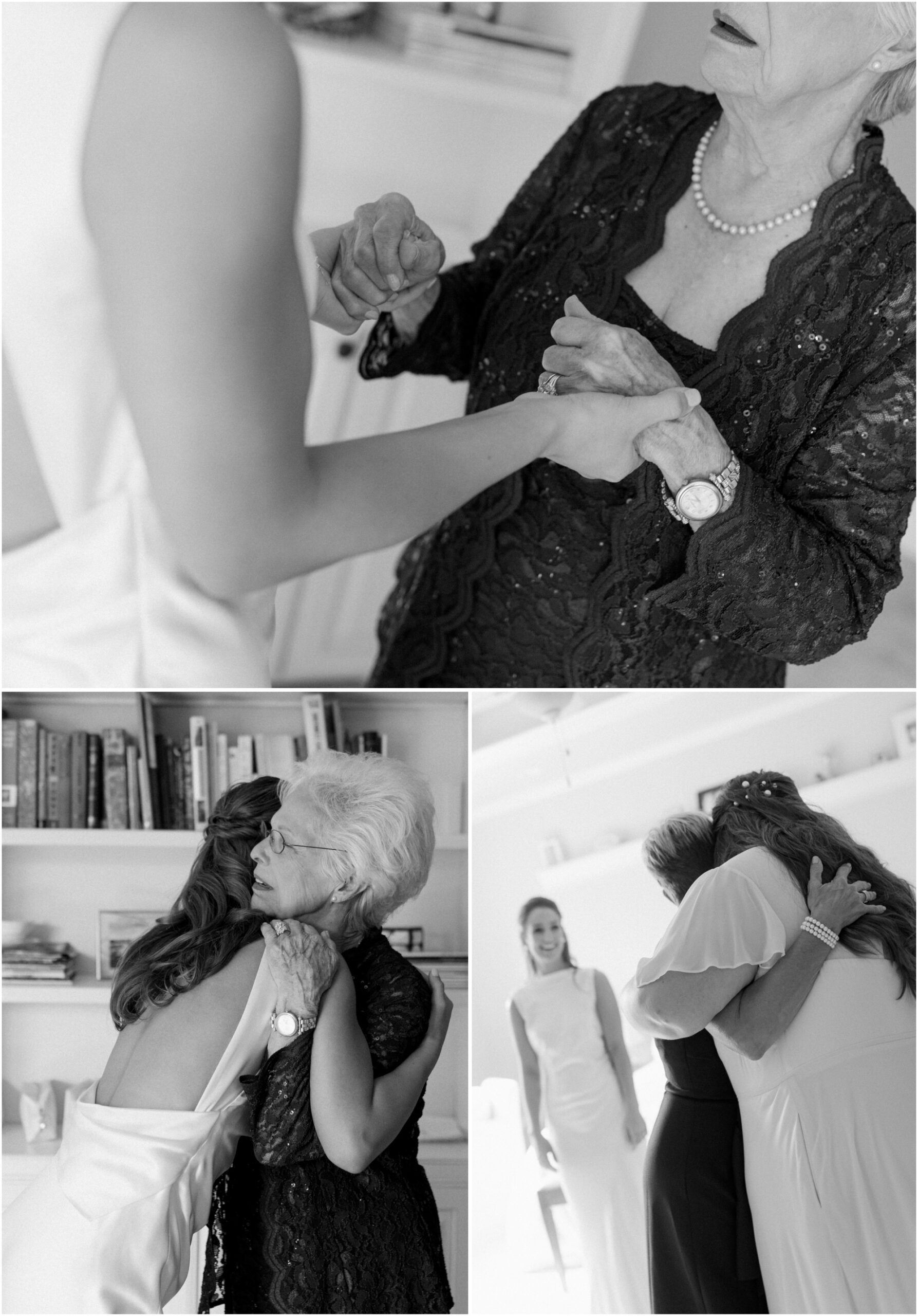 black and white portraits from a first look with brides grandma from an elevated backyard wedding in fort worth, Texas