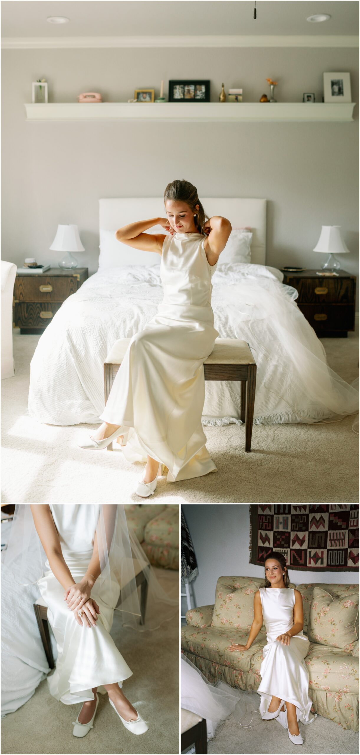 bride in her childhood bedroom on her wedding day wearing a danielle frankel dress from an elevated backyard wedding in fort worth, Texas
