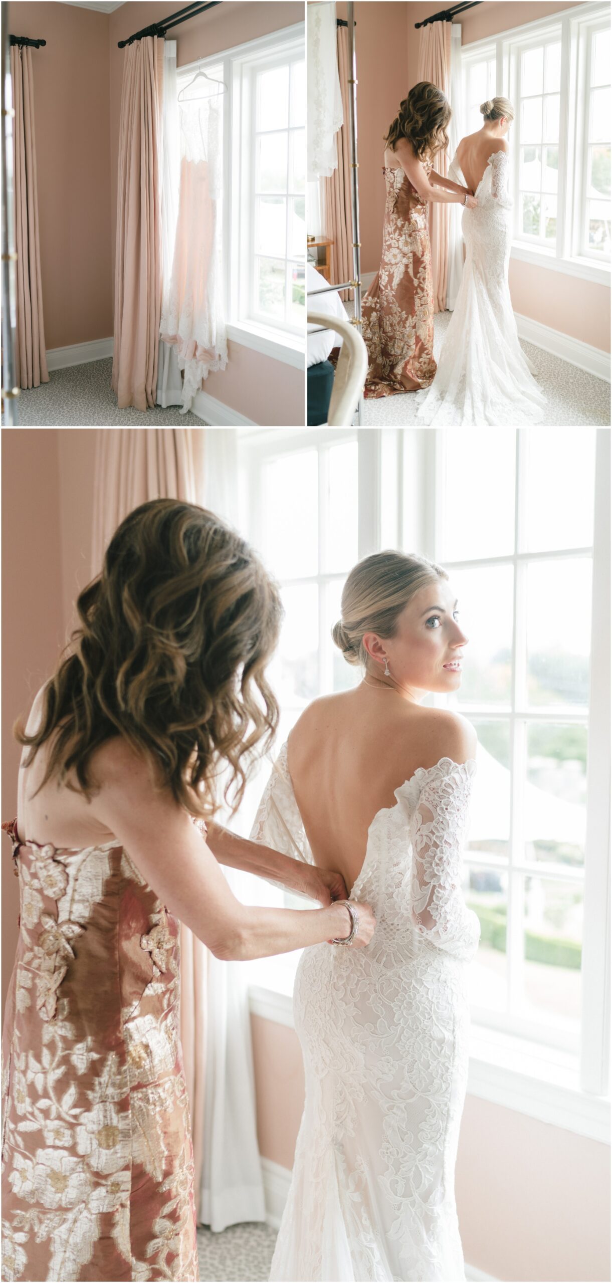 bride steps in to lihi hod wedding dress with moms help at commodore perry estate in austin texas