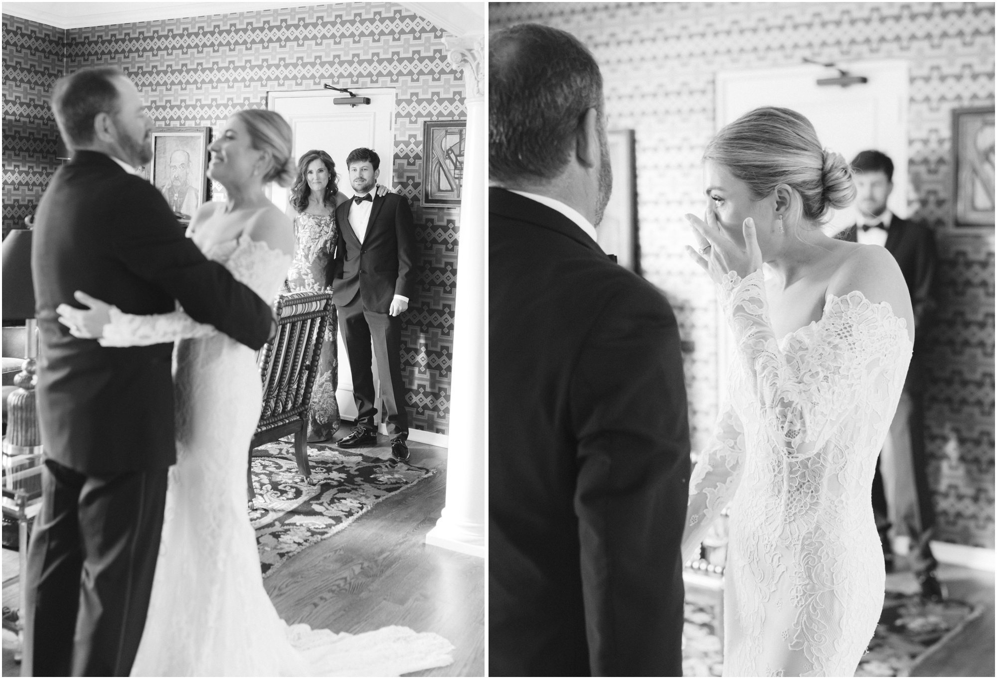 bride does first look with dad at commodore perry estate 