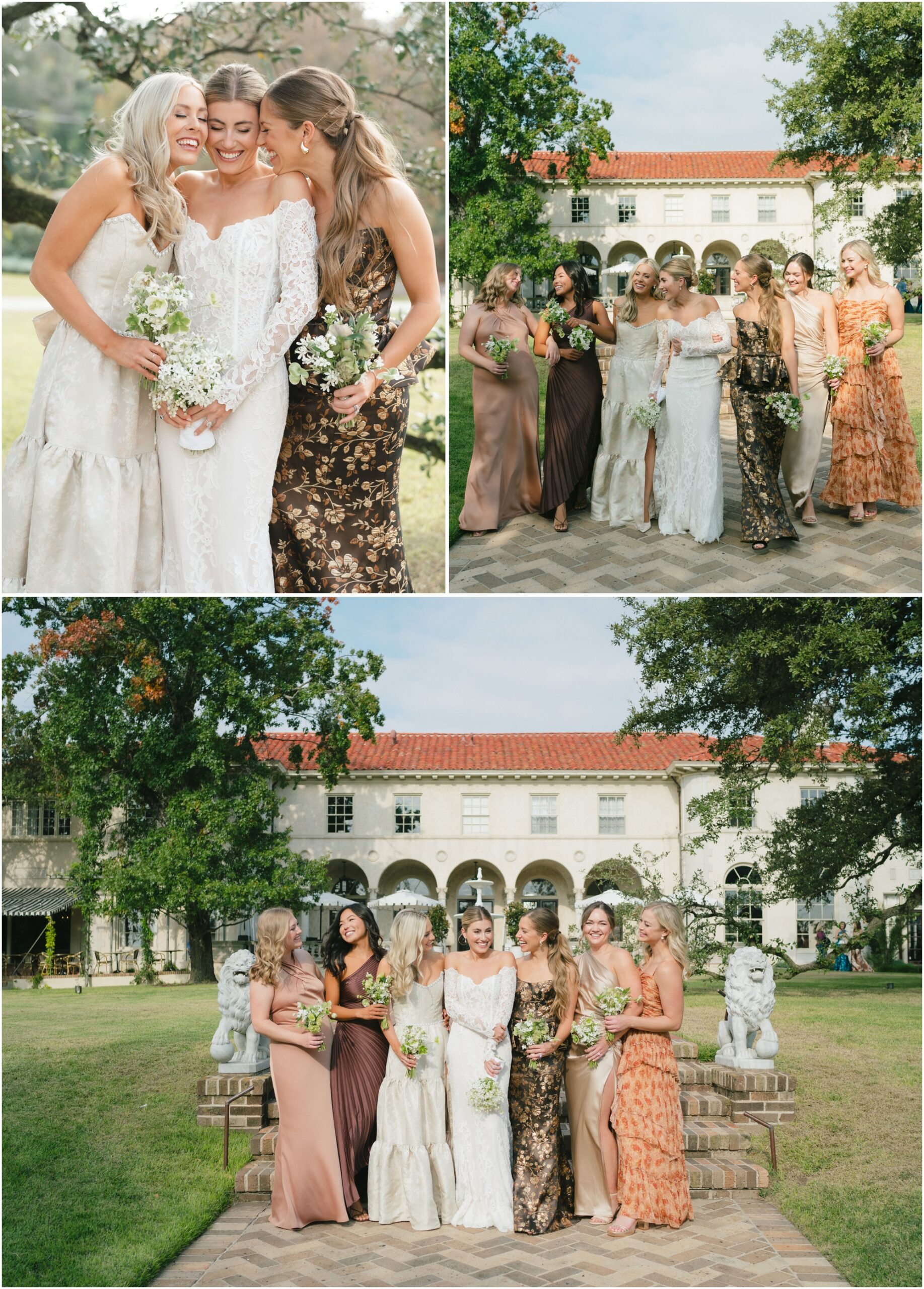 Bride walking with bridesmaids at a wedding at commodore perry estate in austin texas
