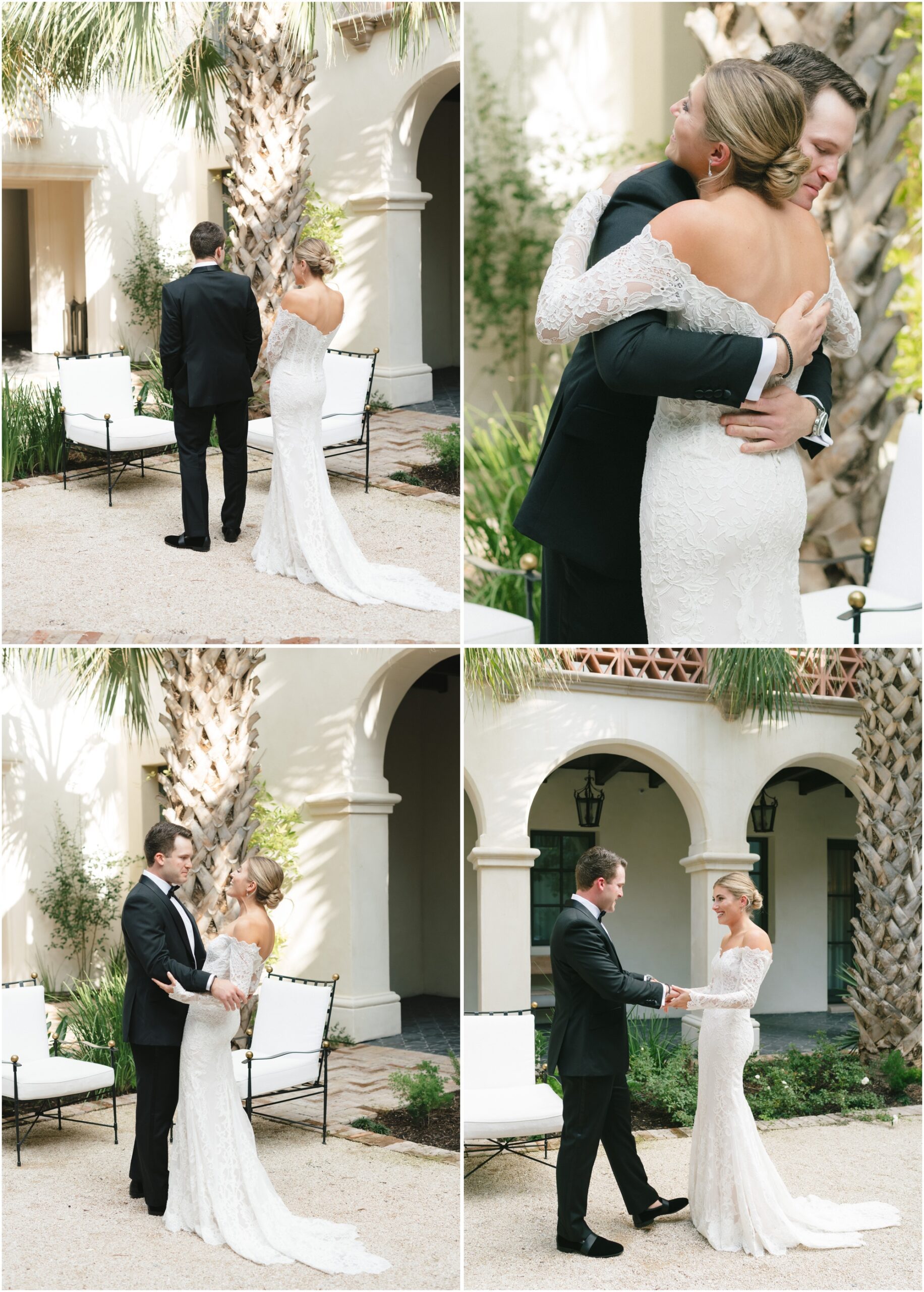 bride and groom share a first look at a wedding at commodore perry estate in austin texas