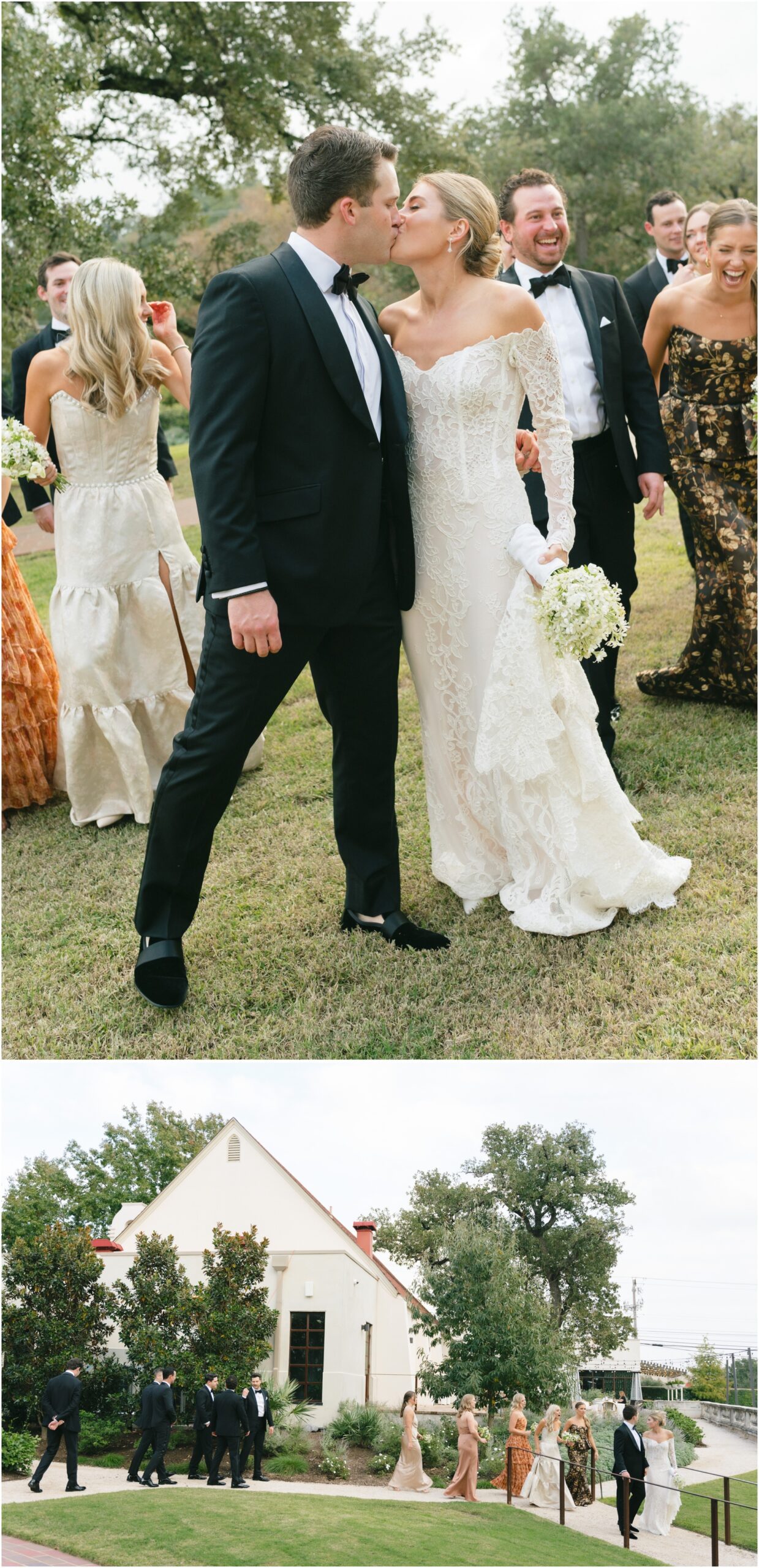 bride and groom with wedding party at a wedding at commodore perry estate in austin texas