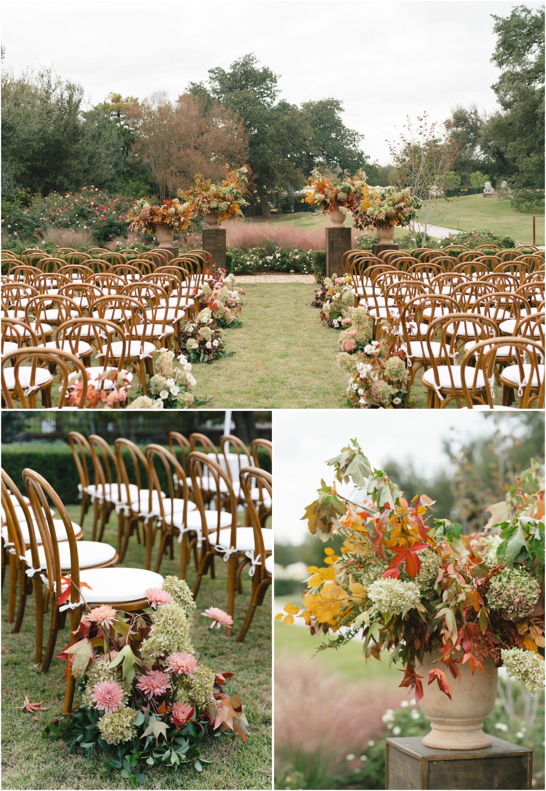 ceremony details with a fall color palette at a wedding at commodore perry estate in austin texas