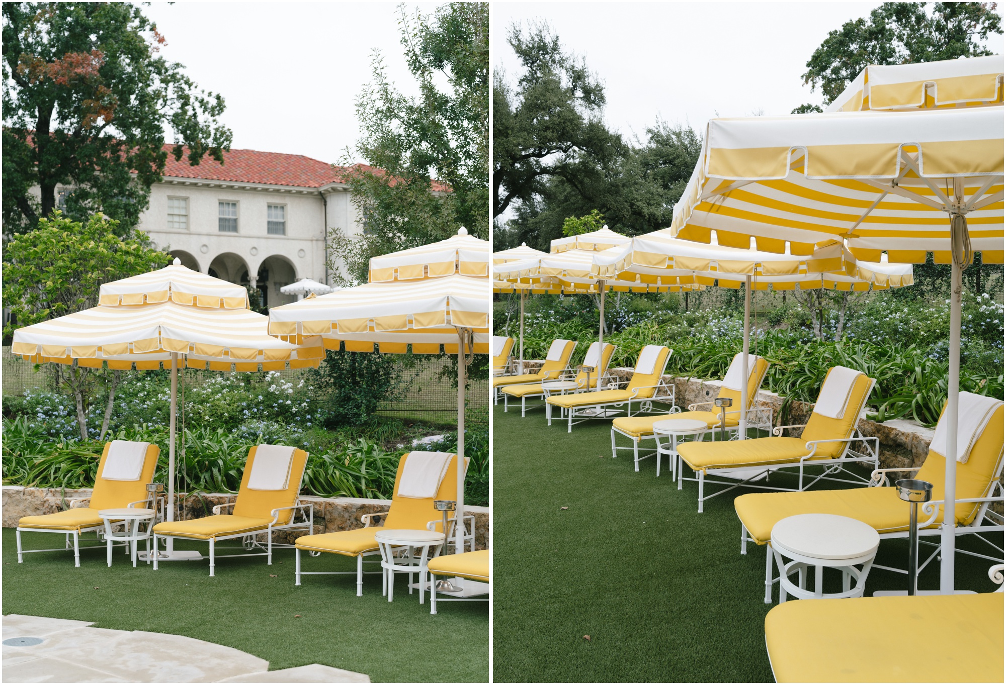 commodore perry estate wedding with yellow umbrellas at the pool