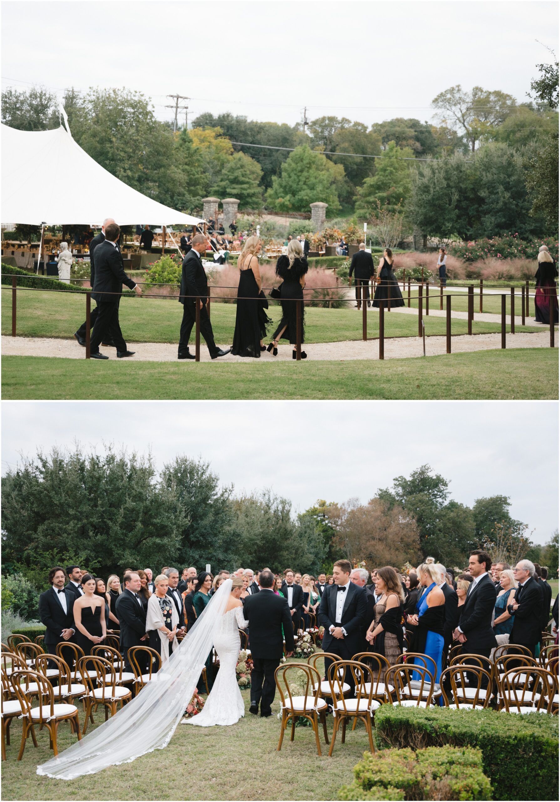 guests walking down to ceremony at a wedding at commodore perry estate in austin texas