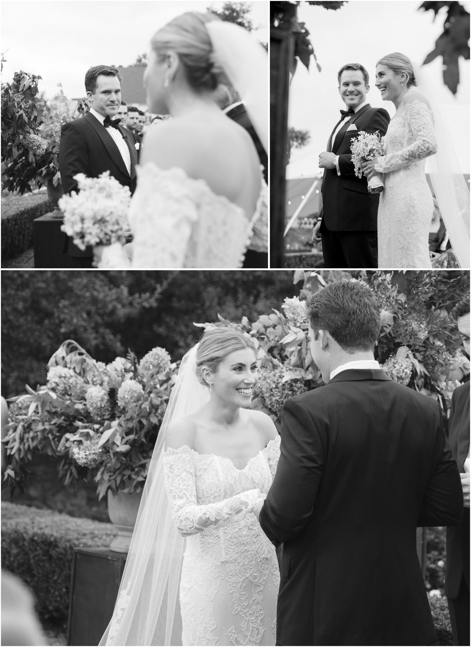 black and white portraits during a wedding ceremony at a wedding at commodore perry estate in austin texas
