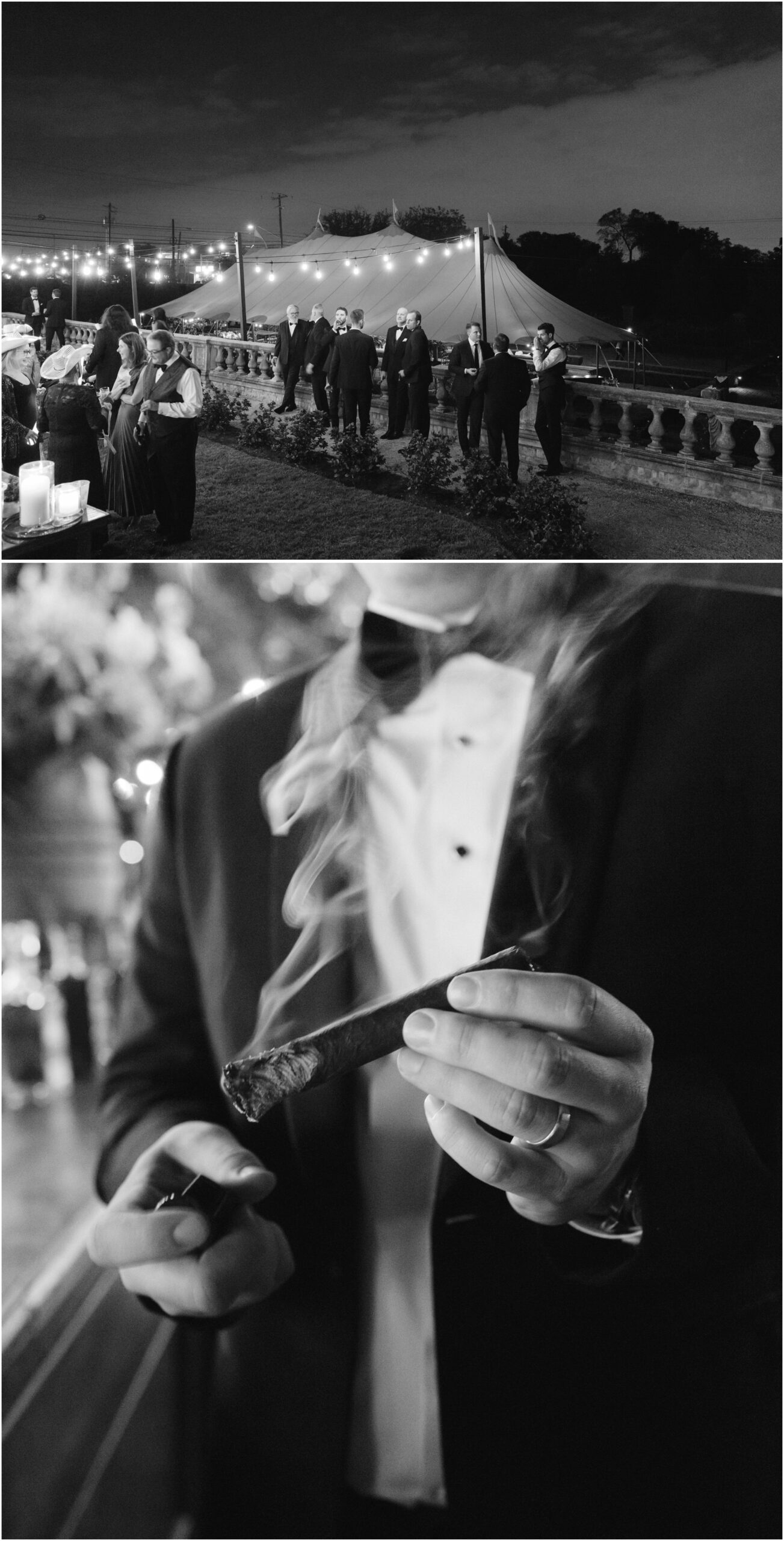 wedding reception at night in black and white