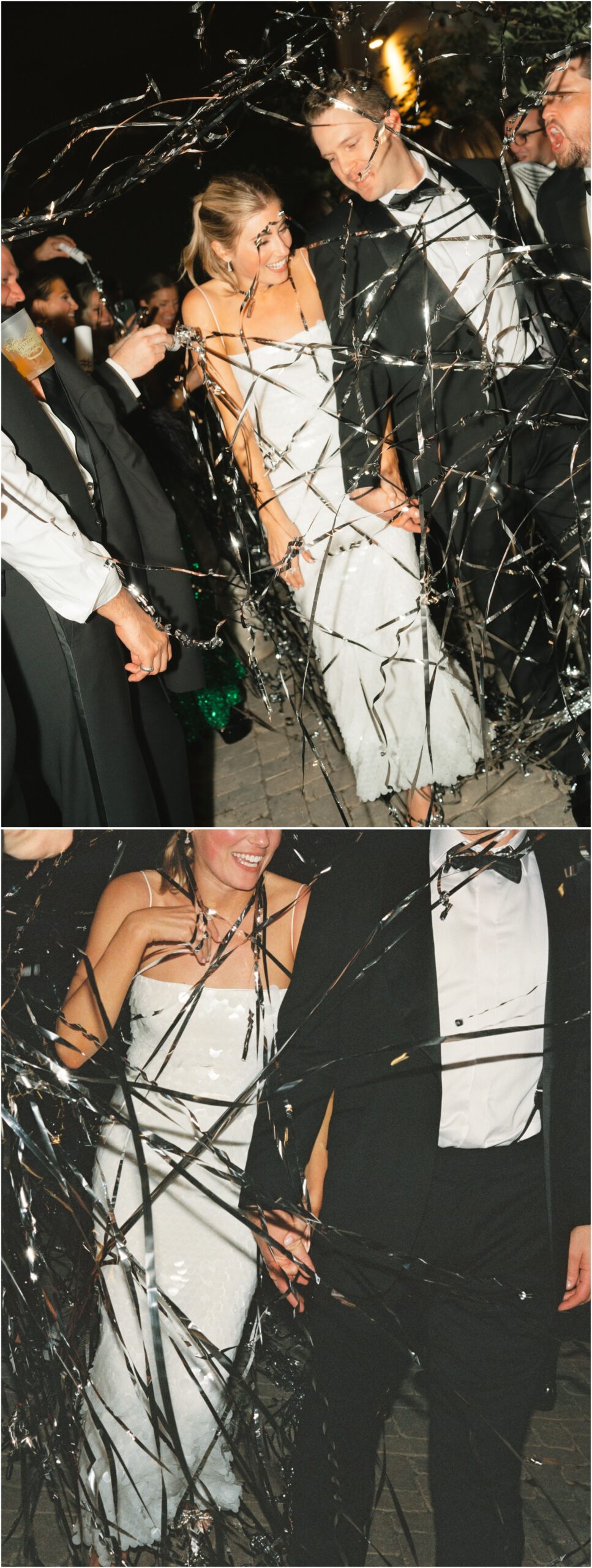 bride and groom silver streamer exit at a wedding at commodore perry estate in austin texas