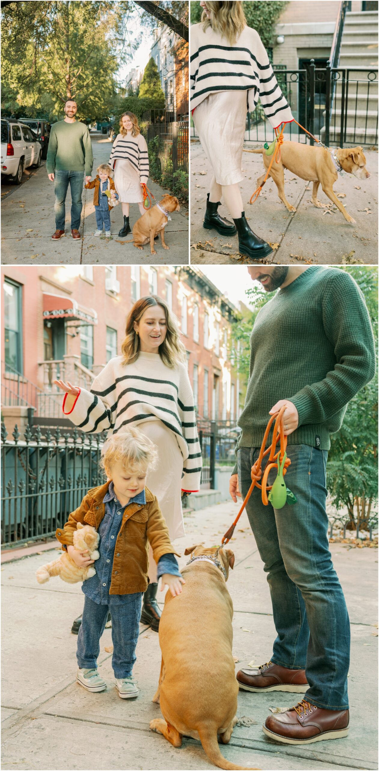 family of three walks with dog on the sidewalk in Brooklyn, New York