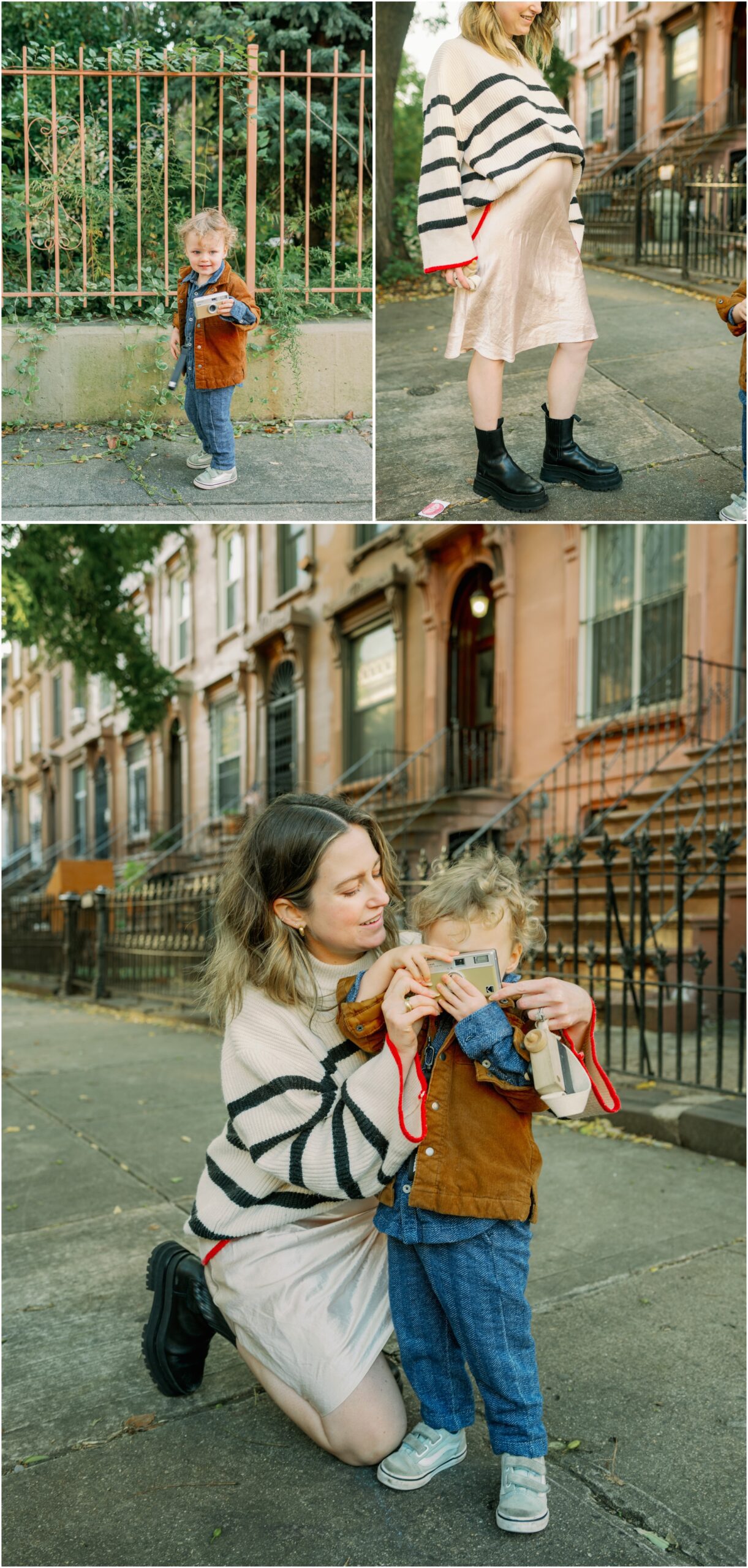 maternity photo of lady with her little boy on sidewalk in Brooklyn, New York